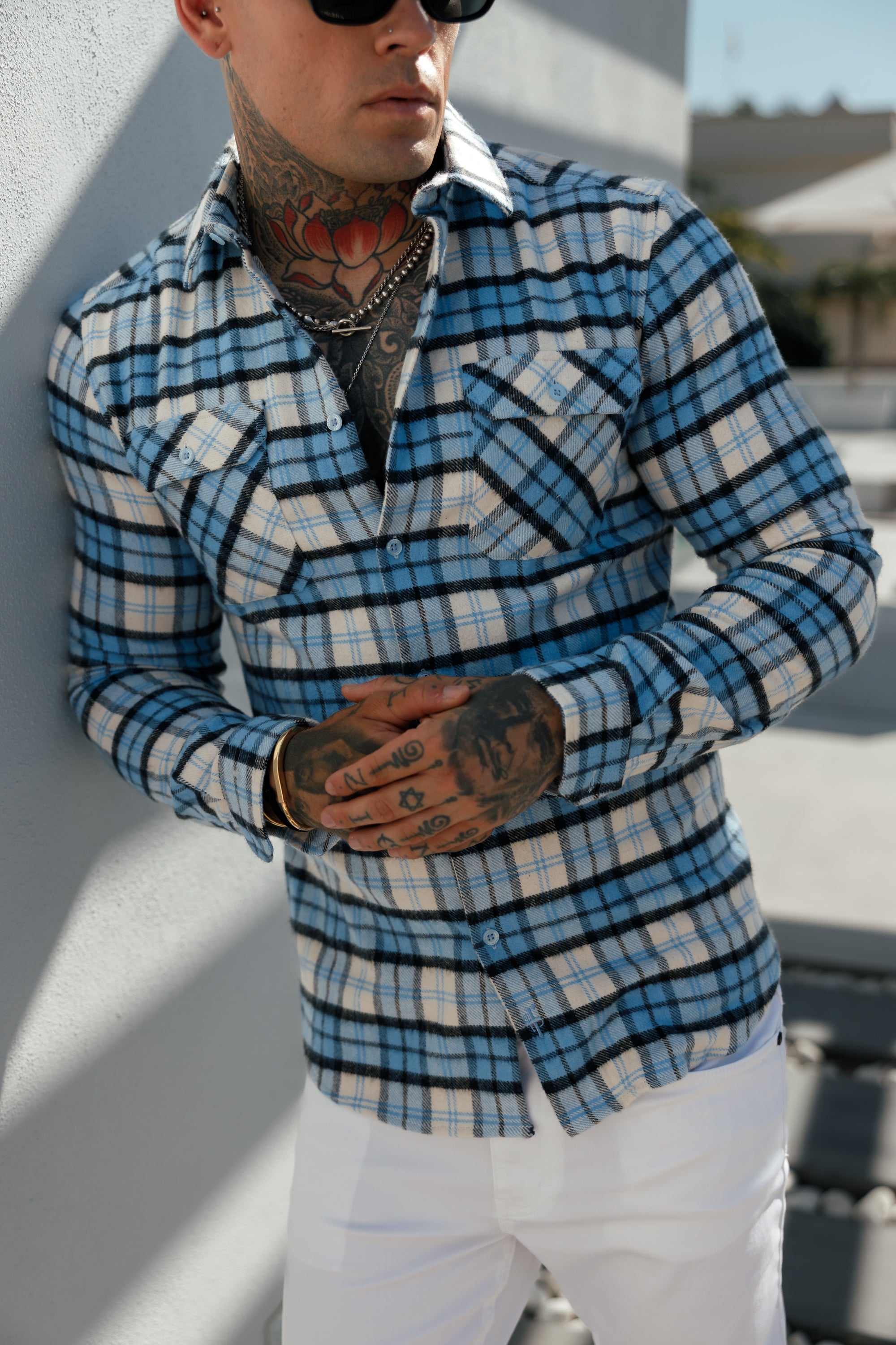 Light Blue Check Shacket With Double Pockets - FS1072