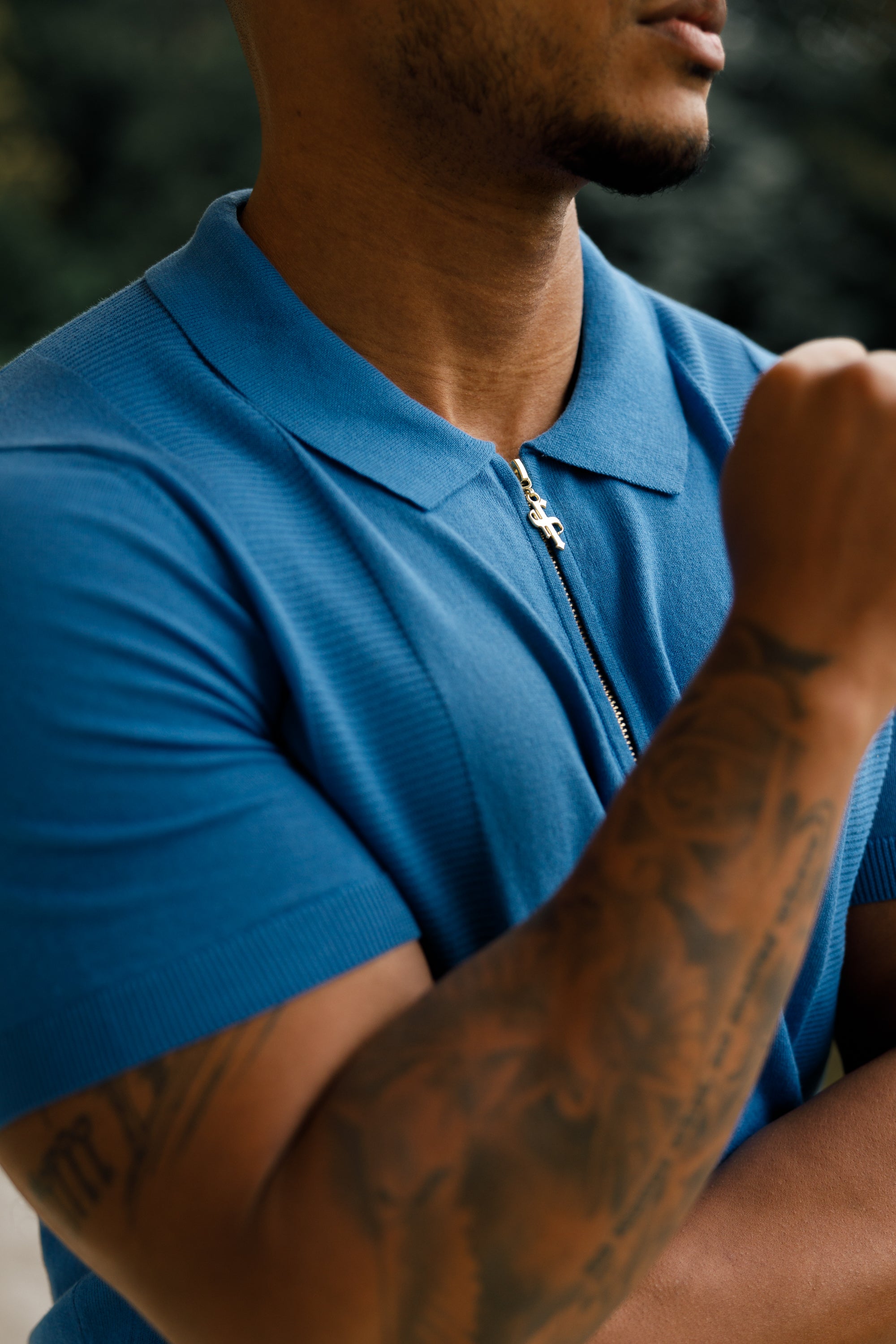 Classic Mid Blue and Gold Zip Knitted Polo Shirt Short Sleeve - FSN134