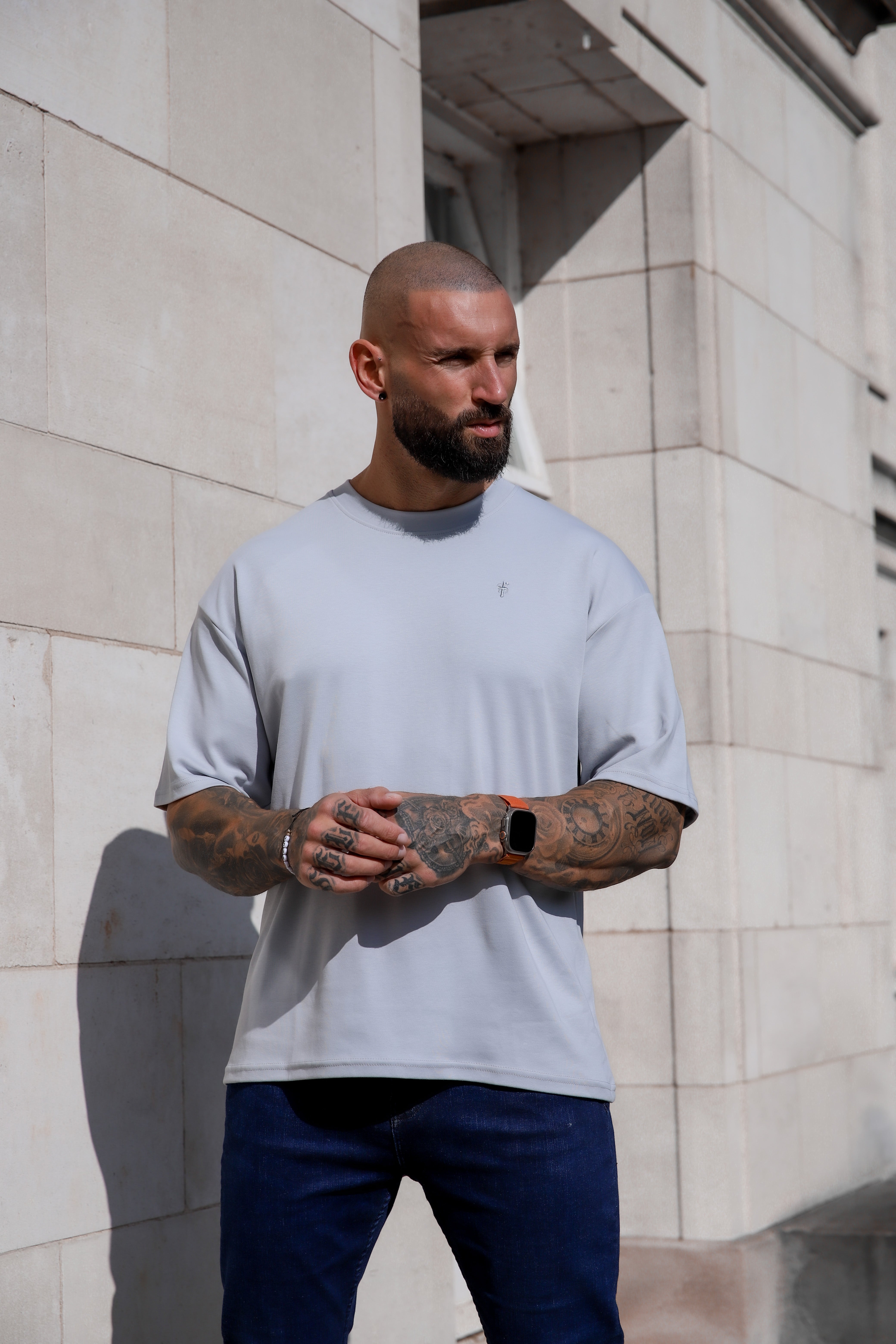 Classic Light Grey Oversized Crew T Shirt - FSH864