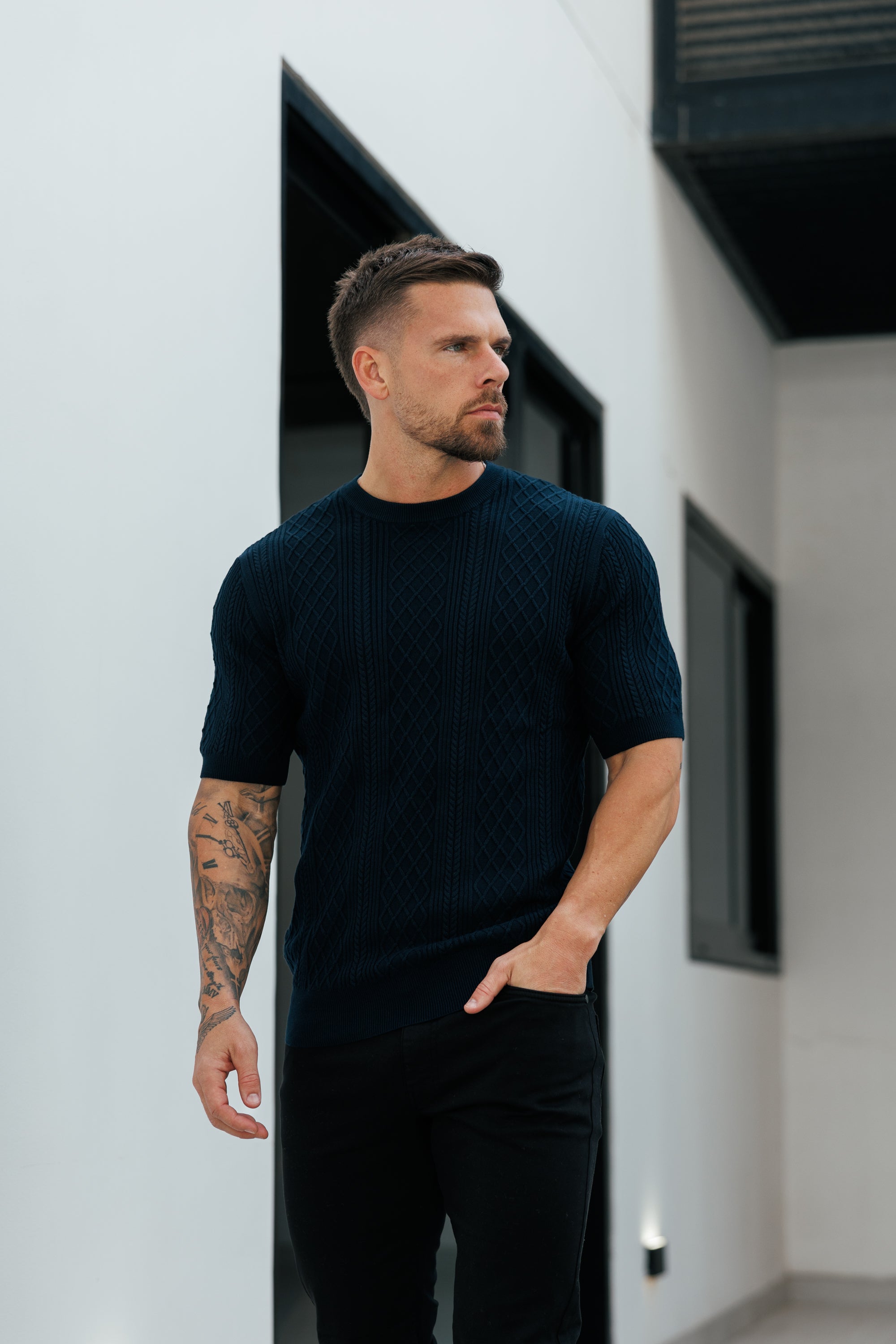 Fine Knit Diamond Navy Jumper Short Sleeve - FSA011