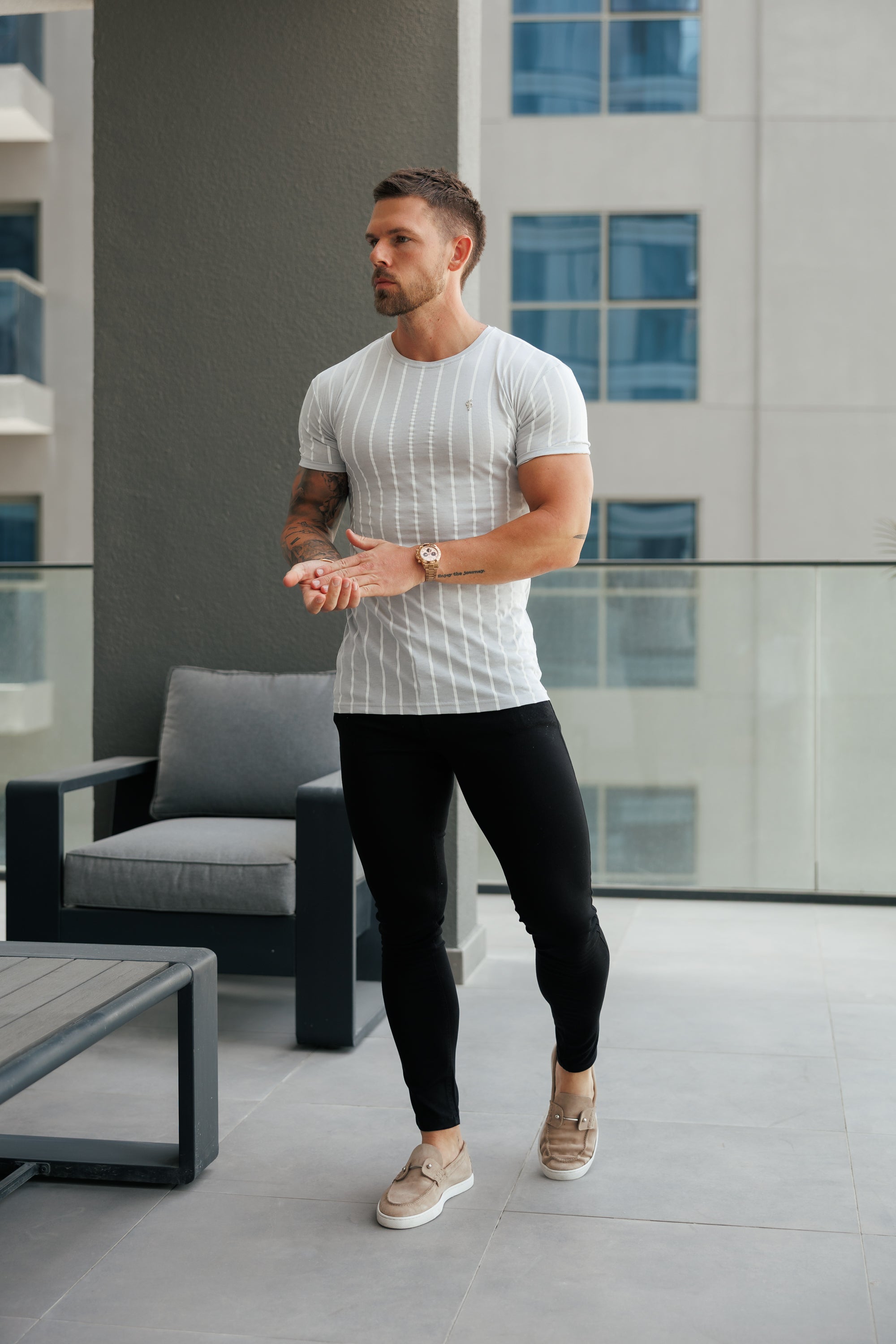 Printed Light Grey / White Stripe Fitted T Shirt - FSH1172