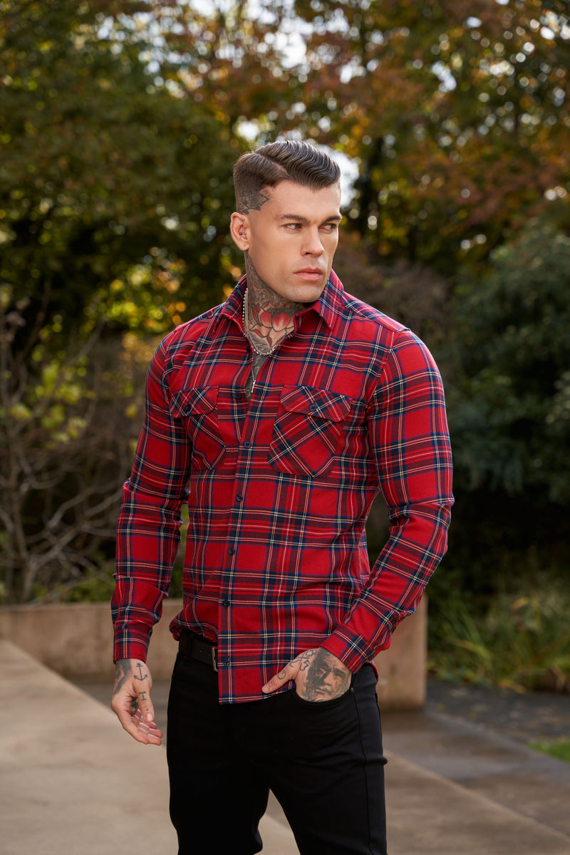 Father Sons Red Tartan Check Shacket With Double Pockets - FS1036