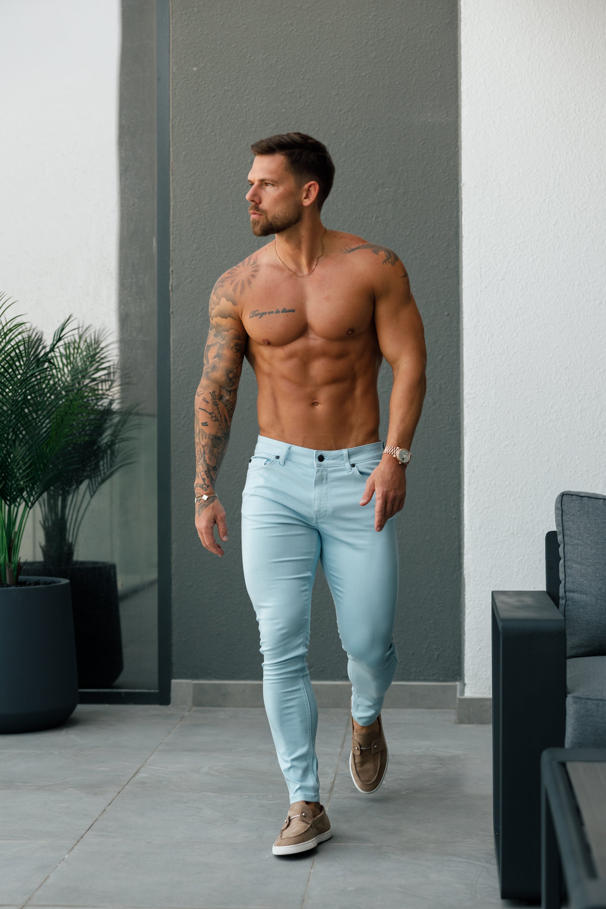 Slim Stretch Pale Blue Sateen Trousers - FSH1147