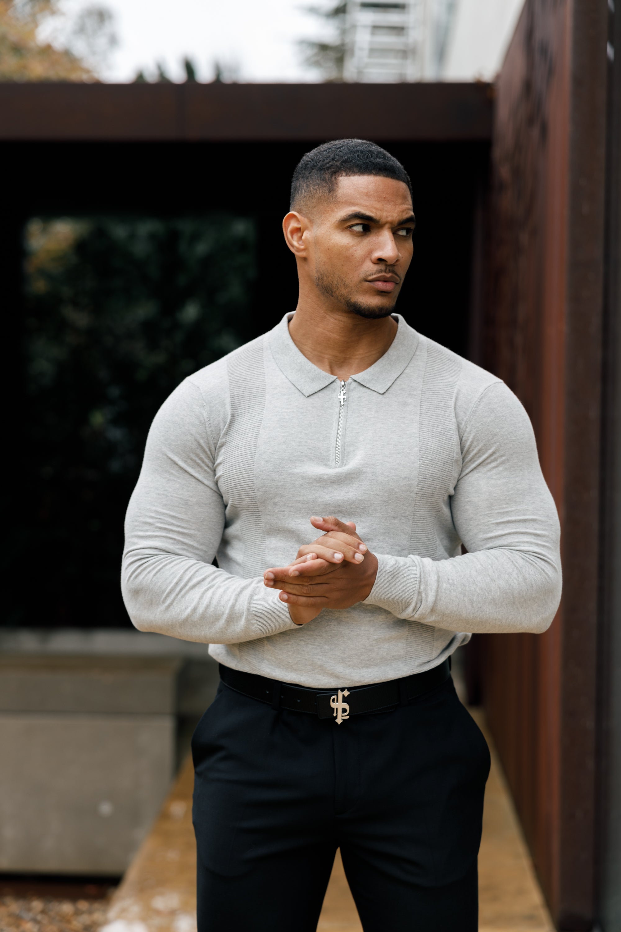 Classic Grey Marl and Silver Zip Knitted Polo Shirt Long Sleeve - FSN127