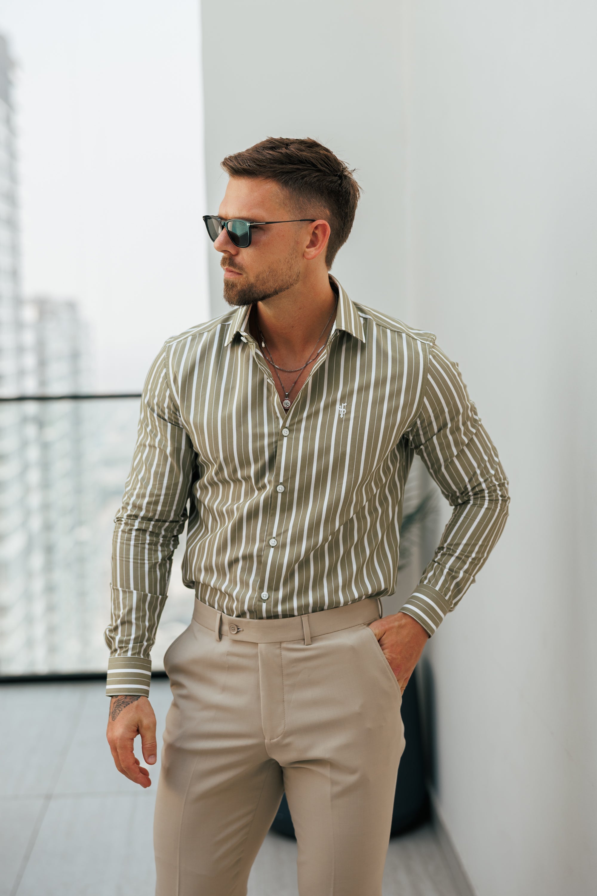 Classic Sage Green / White Stripe Long Sleeve with Cutaway Collar - FS1176 (PRE ORDER 18TH MARCH)