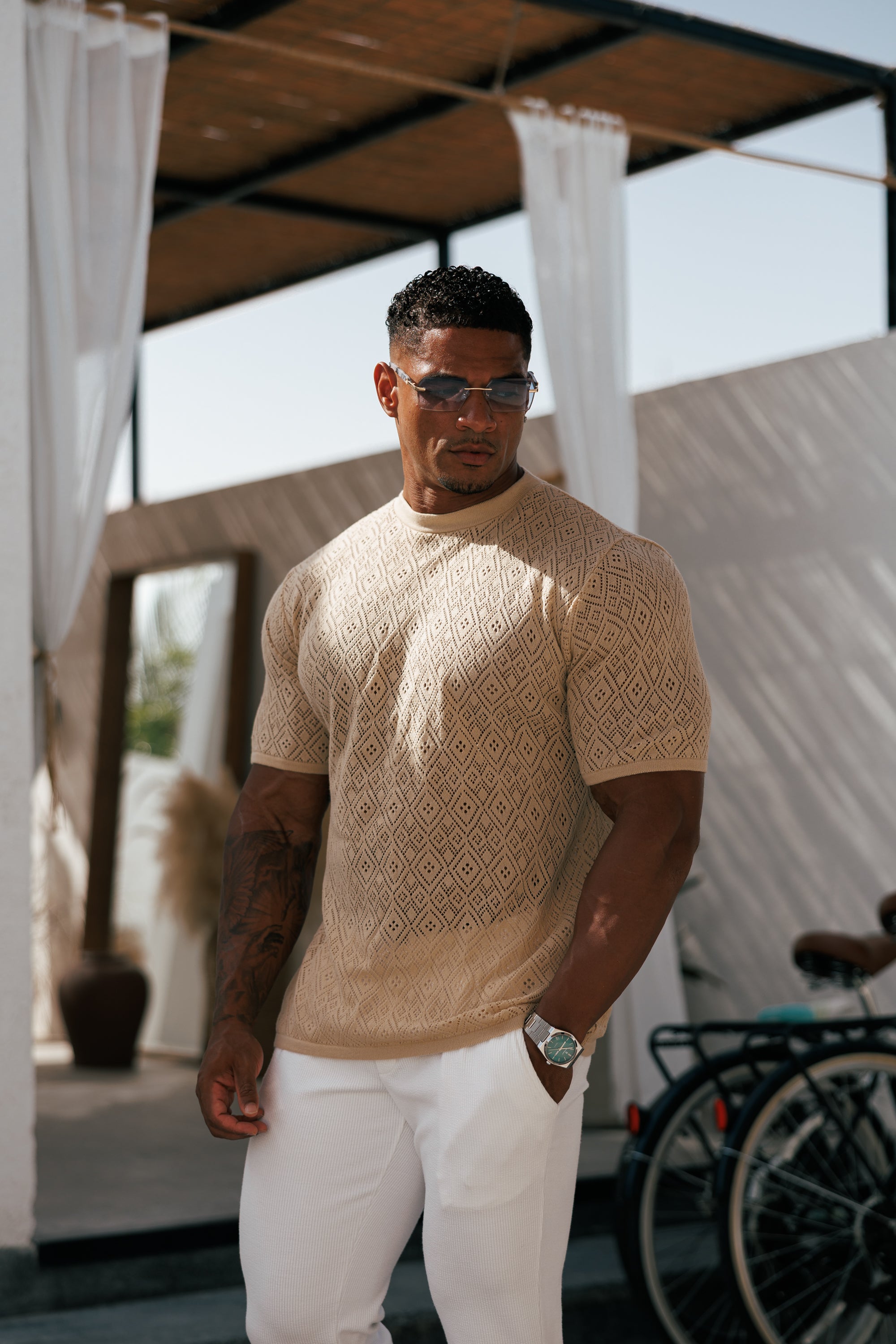 Crochet Crew T-Shirt Honesty Beige Short Sleeve - FSJ087