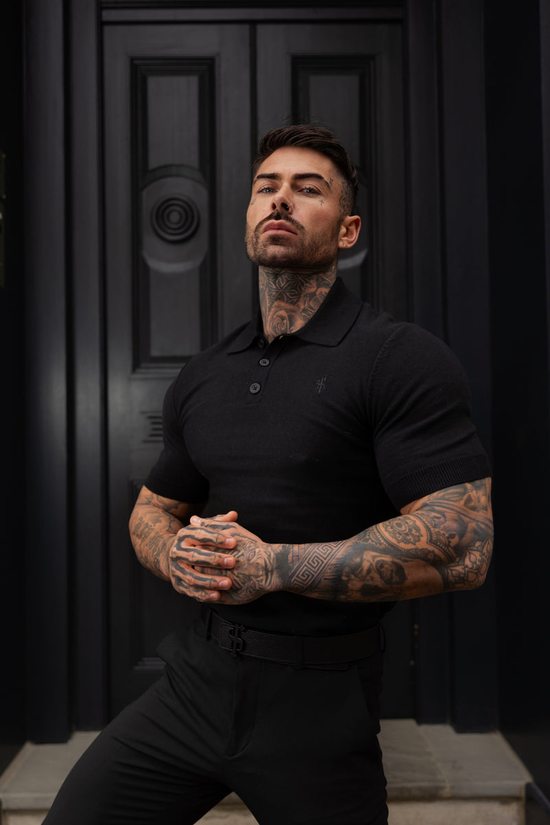 Father Sons Classic Black Knitted Polo Jumper Short Sleeve With Tonal FS Embroidery- FSN143