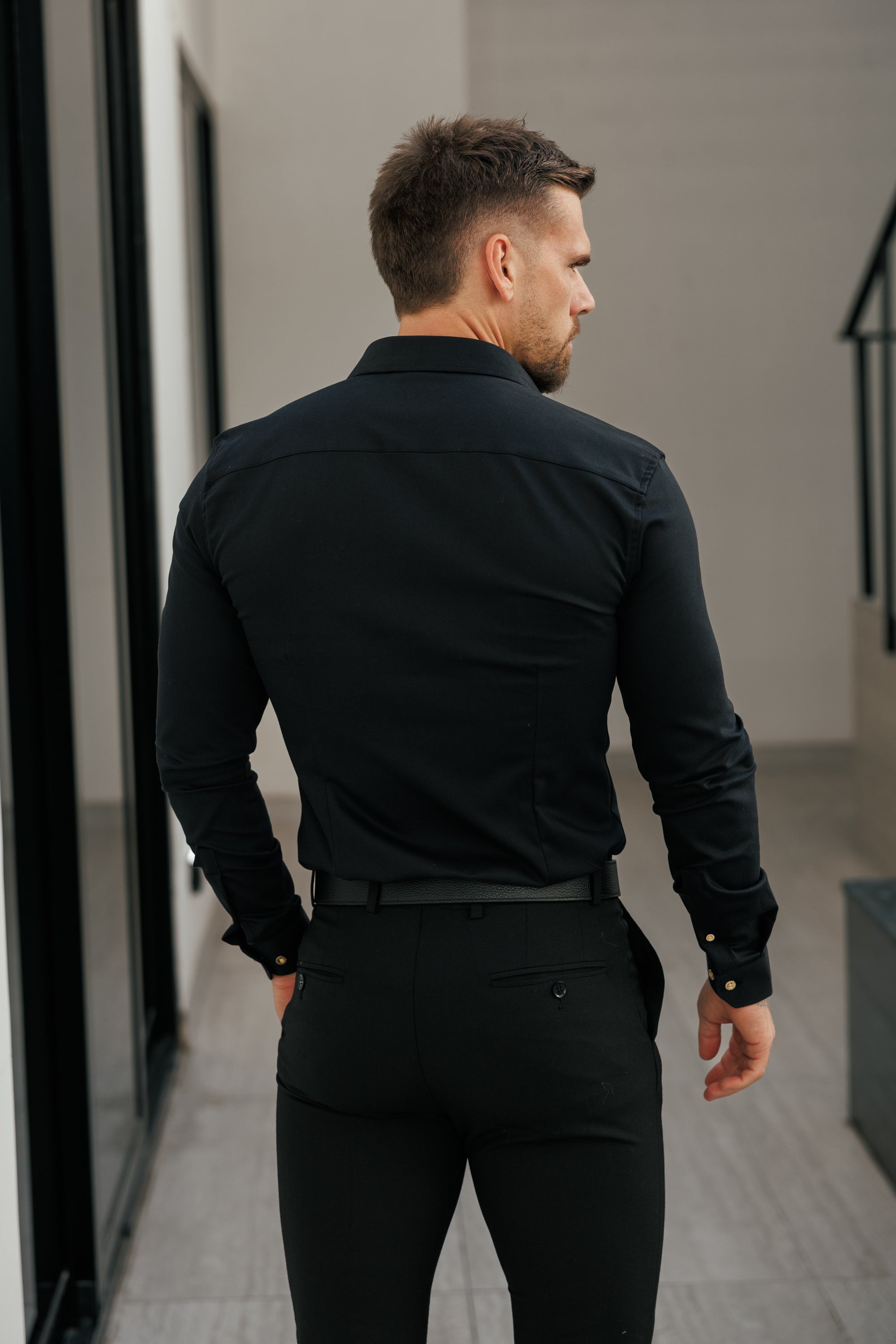 Super Slim Stretch Black Denim Long Sleeve with Gold Metal Decal and Buttons - FS923