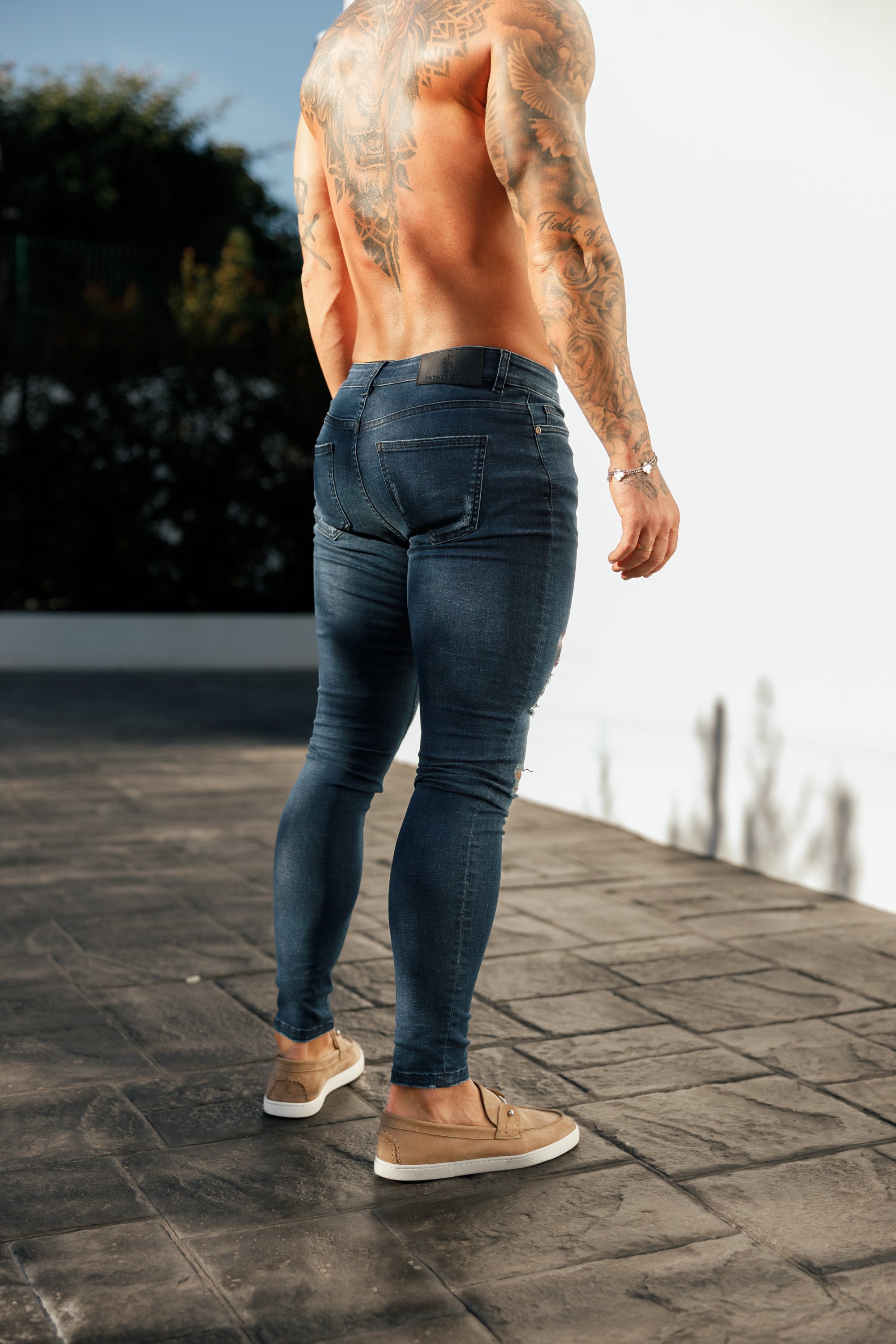 Ultra Stretch Mid Blue Slim Jeans with Distressed Rips - FSJEAN013