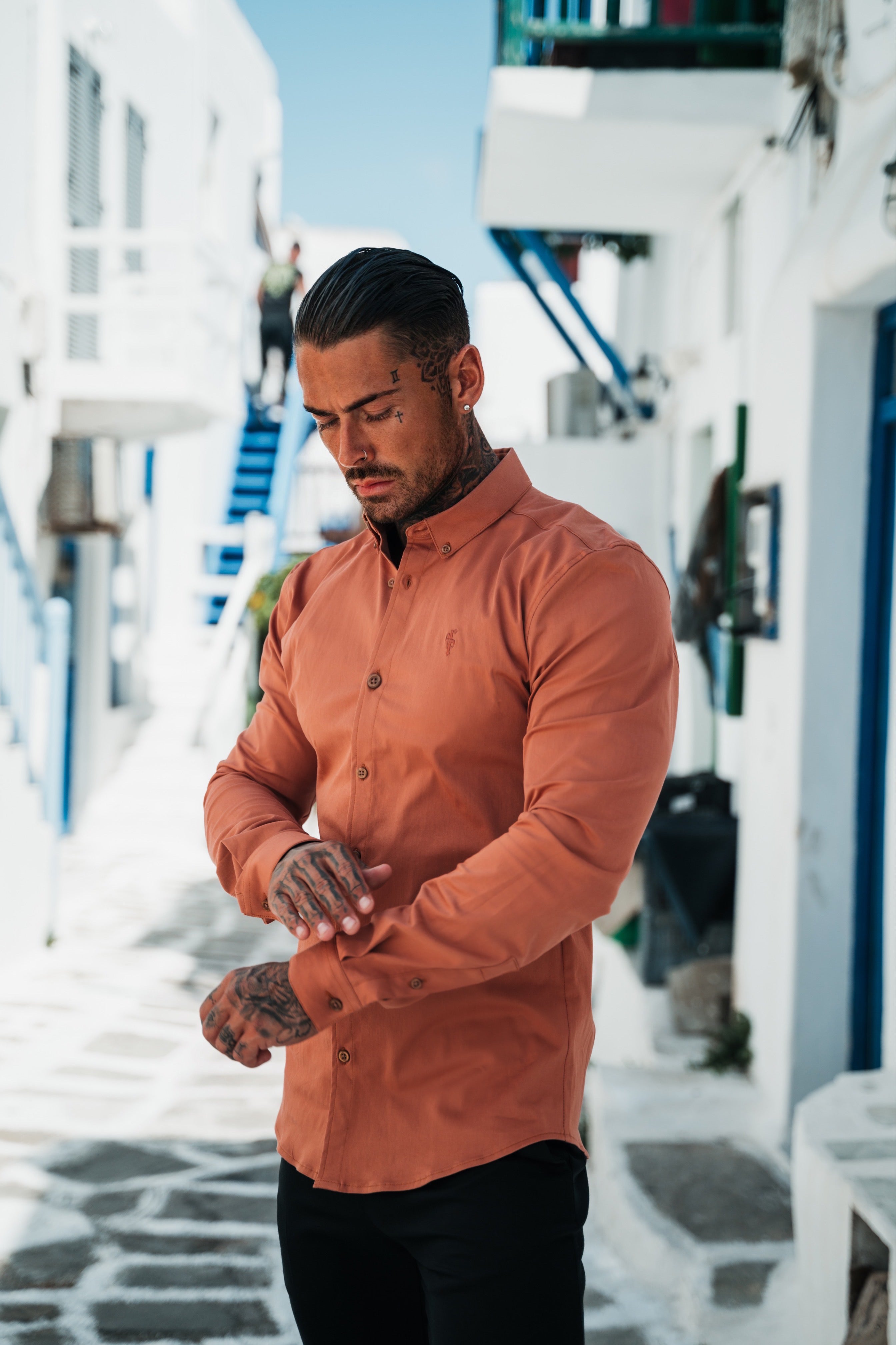 Super Slim Stretch Plain Terracotta Long Sleeve With Button Down Collar - FS985