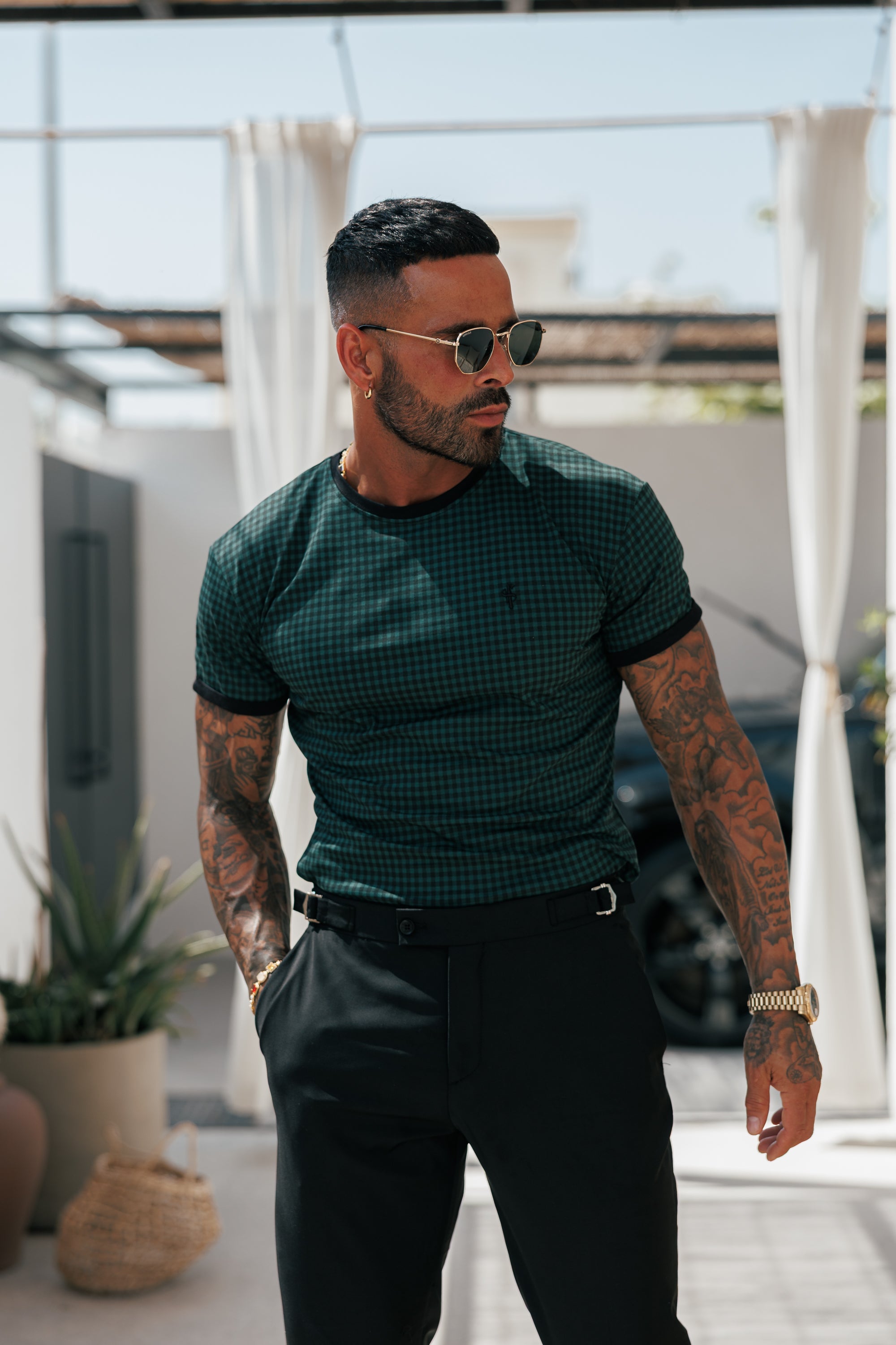 Printed Forest Green / Black Check Fitted T Shirt - FSH1241