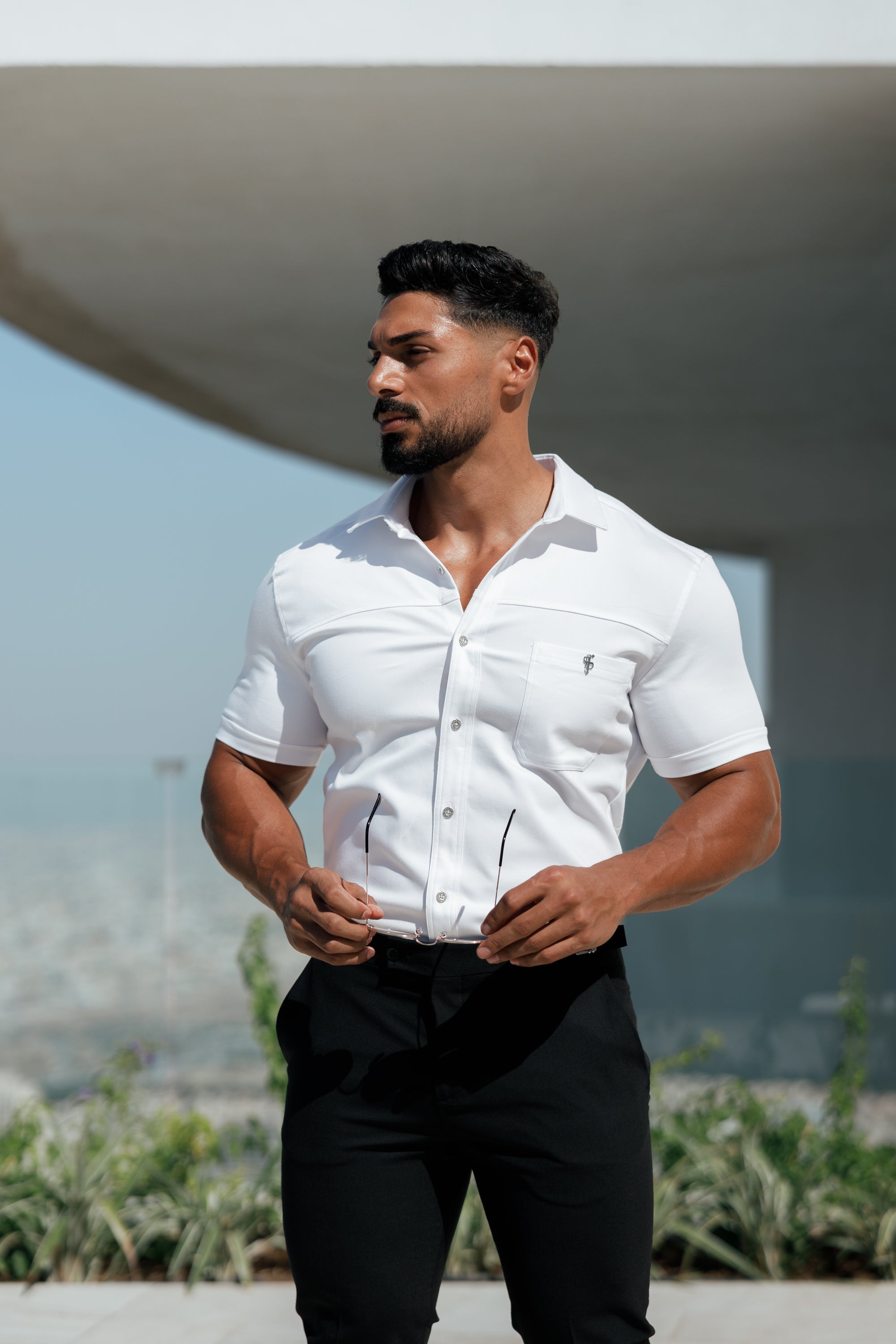 Super Slim Stretch White Denim Short Sleeve with Horizontal Seam and Pocket- FS956