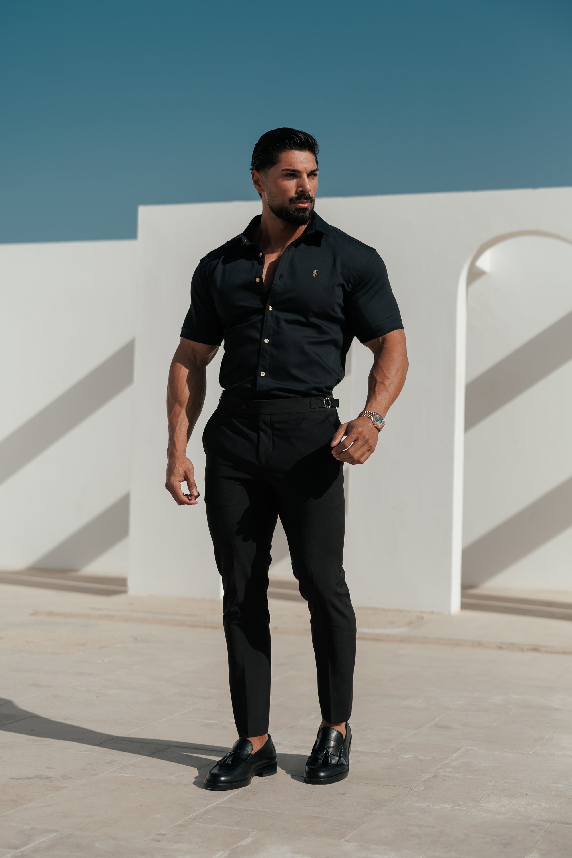 Slim Formal Black Stretch Trousers With Gold Waist Adjusters - FST041