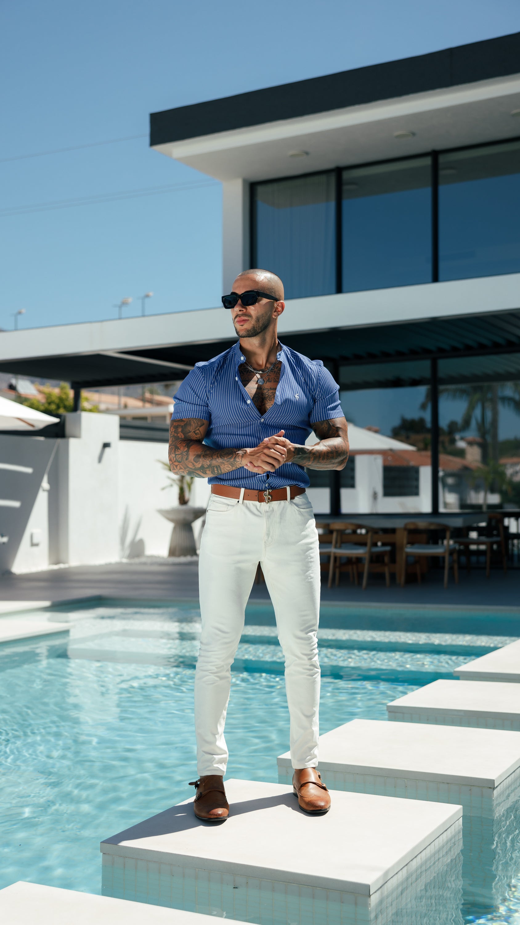 Super Slim Stretch Ocean Blue Printed Pinstripe Short Sleeve with Grandad Collar - FS1064