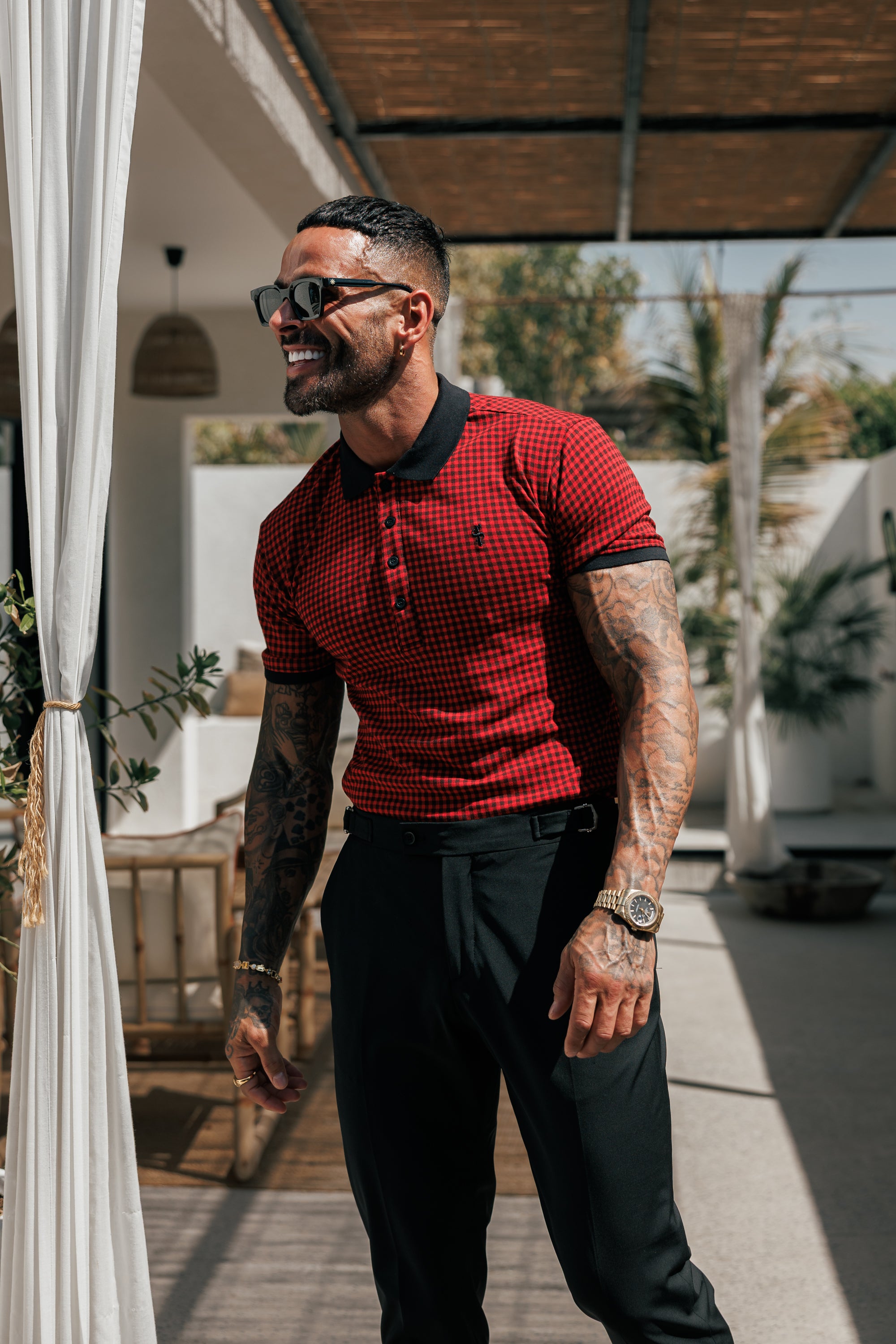 Black / Red Printed Check Polo Shirt - FSH1259