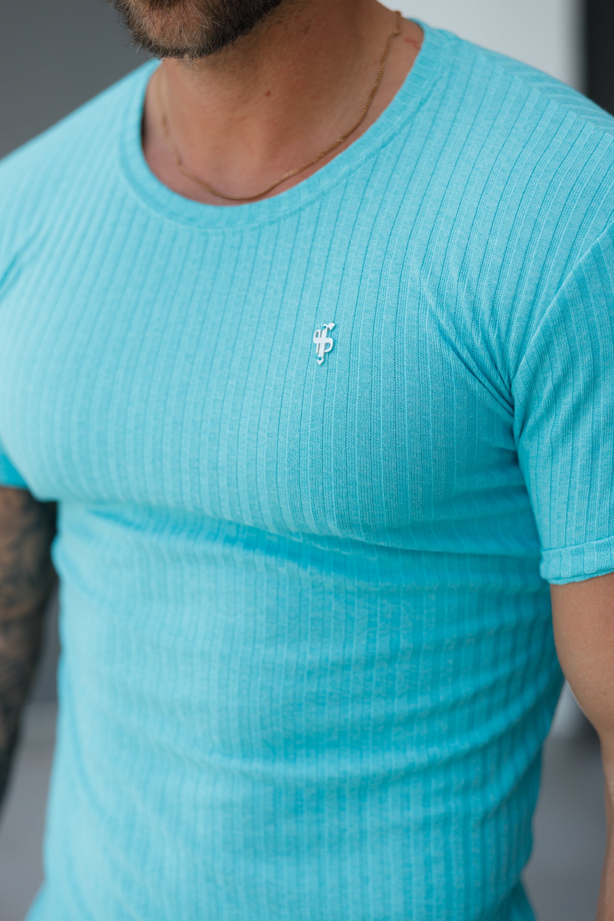 Classic Turquoise / Silver Ribbed Knit Super Slim Short Sleeve Crew - FSH1092