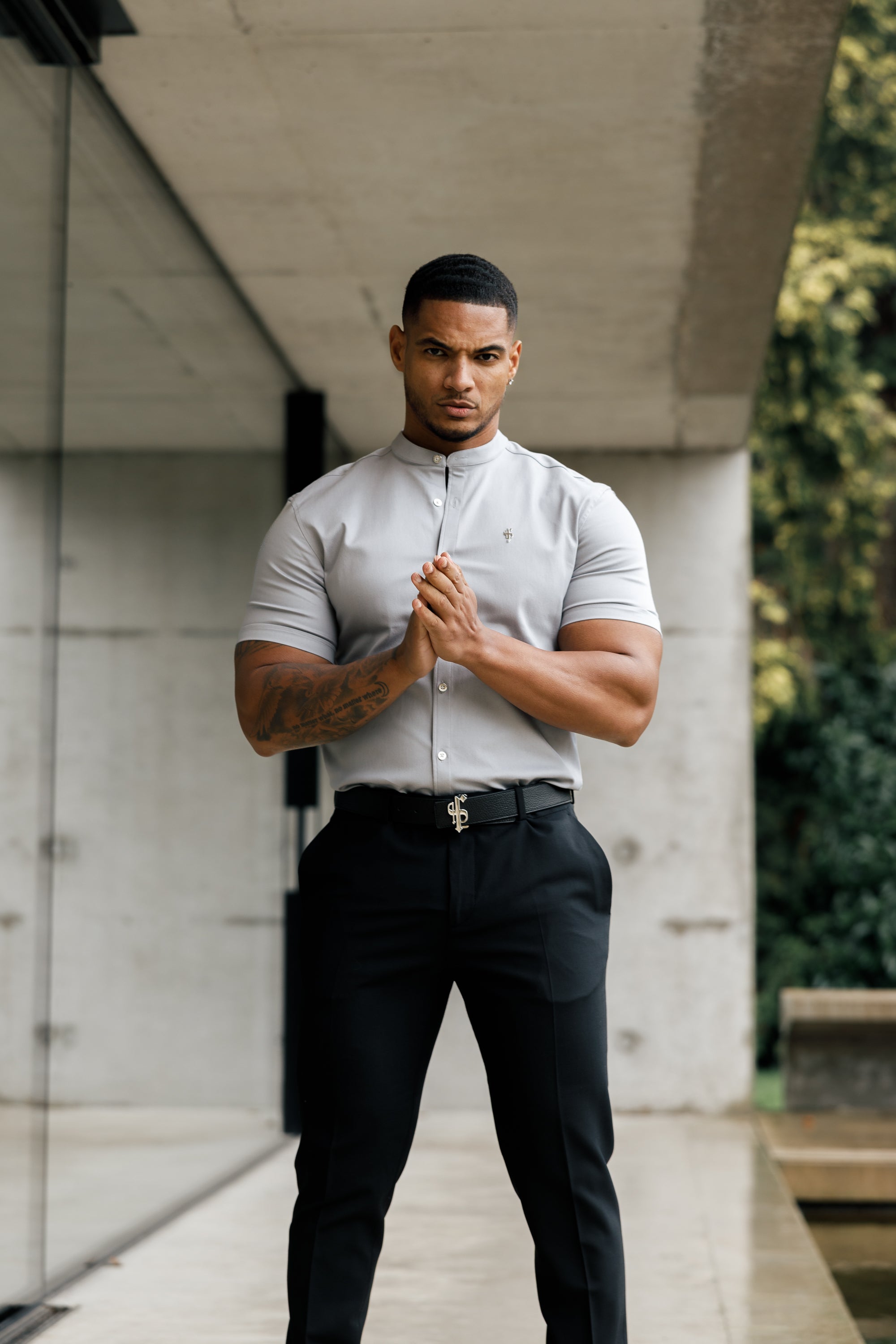 Super Slim Stretch Grey Denim Short Sleeve With Grandad Collar and Silver Metal Buttons and Decal - FS963