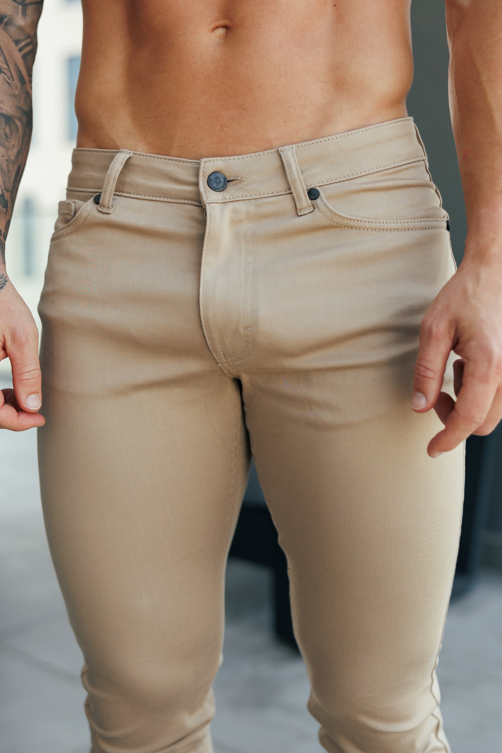 Slim Stretch Beige Relaxed Sateen Trousers - FSH1303