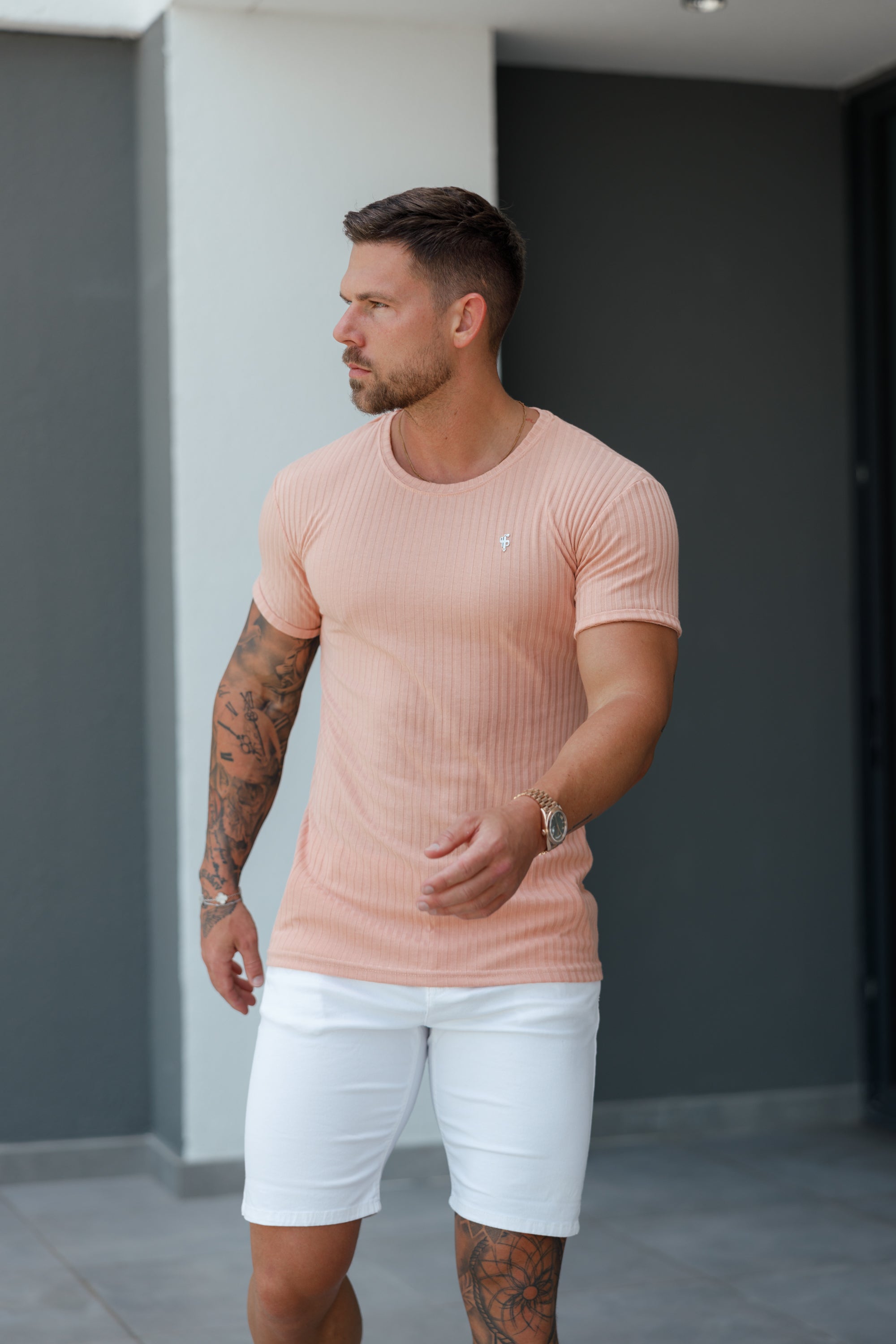 Classic Peach / Silver Ribbed Knit Super Slim Short Sleeve Crew - FSH1093