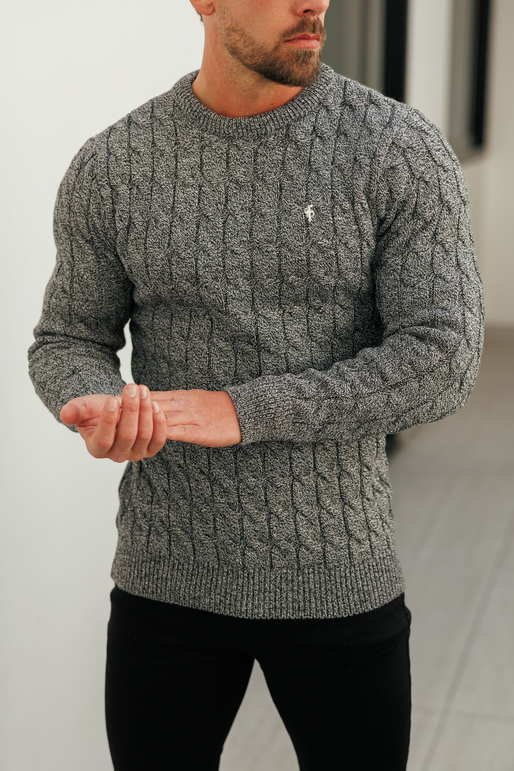 Link Weave Knit Black/ White Two Tone Crew Neck Jumper - FSJ132