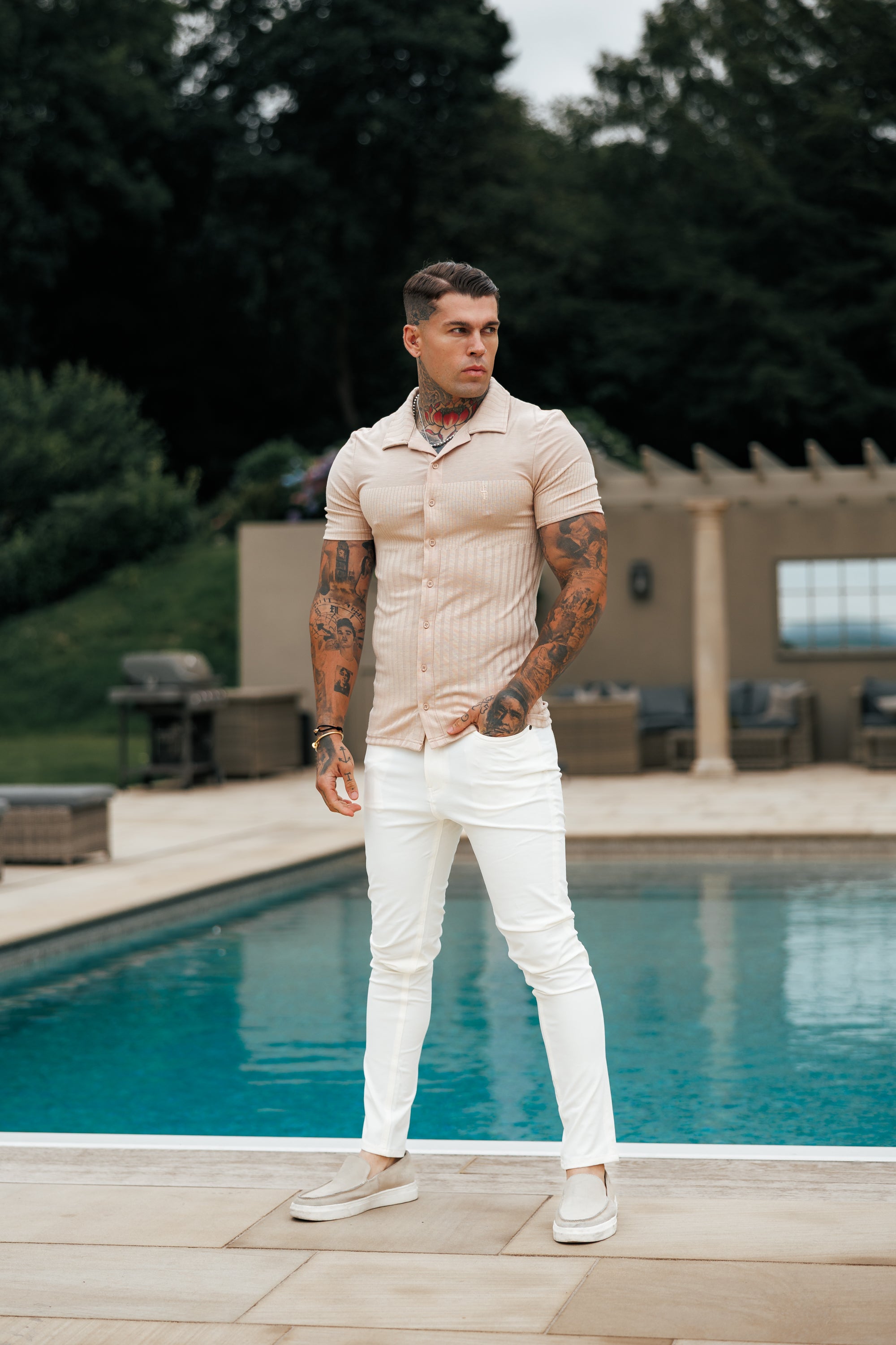 Jersey Revere Vertical Stripe Beige Shirt Short Sleeve - FSR026