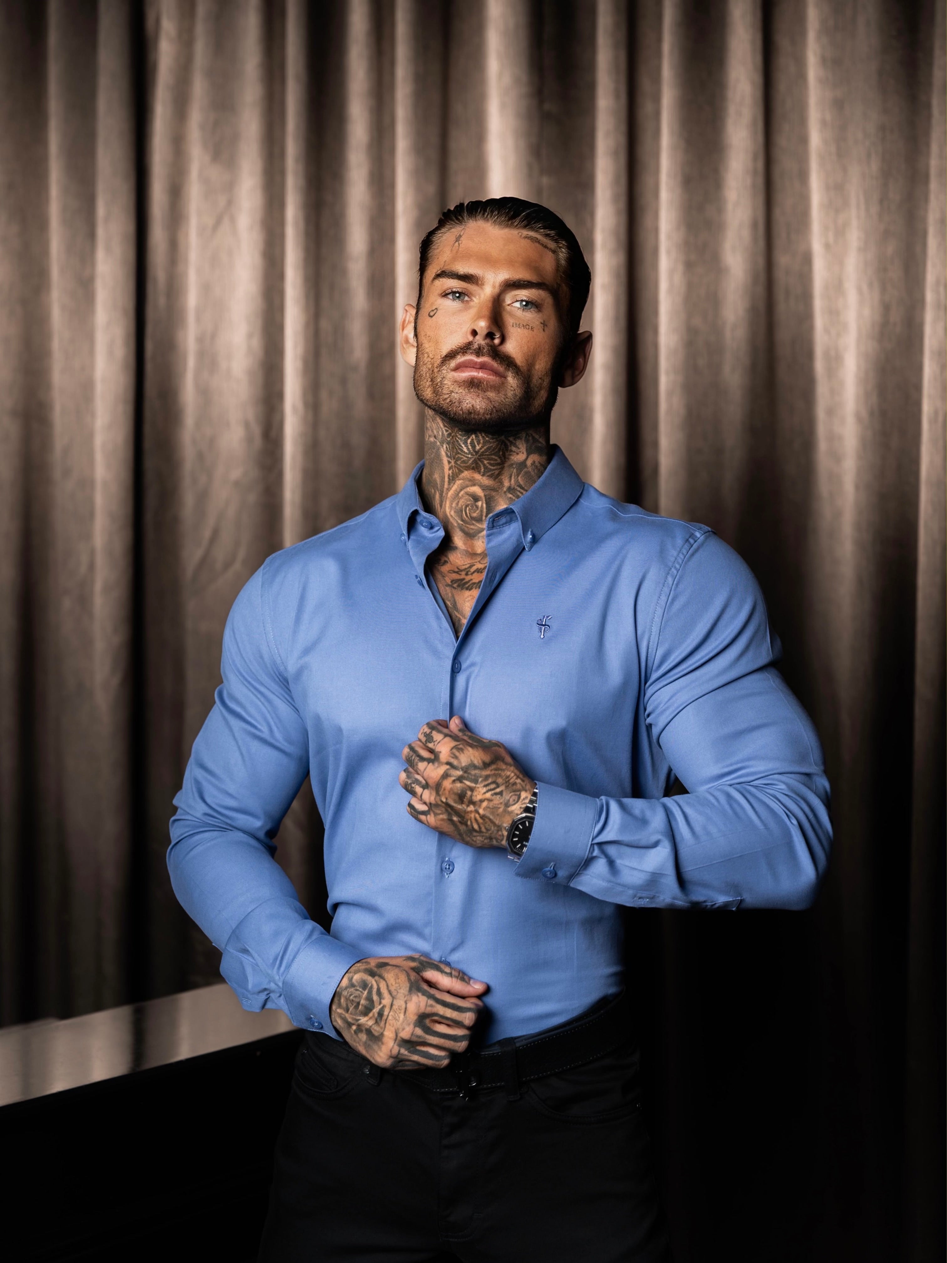 Classic Stretch Oxford Long Sleeve Cadet Blue with Button Down Collar - FS1216