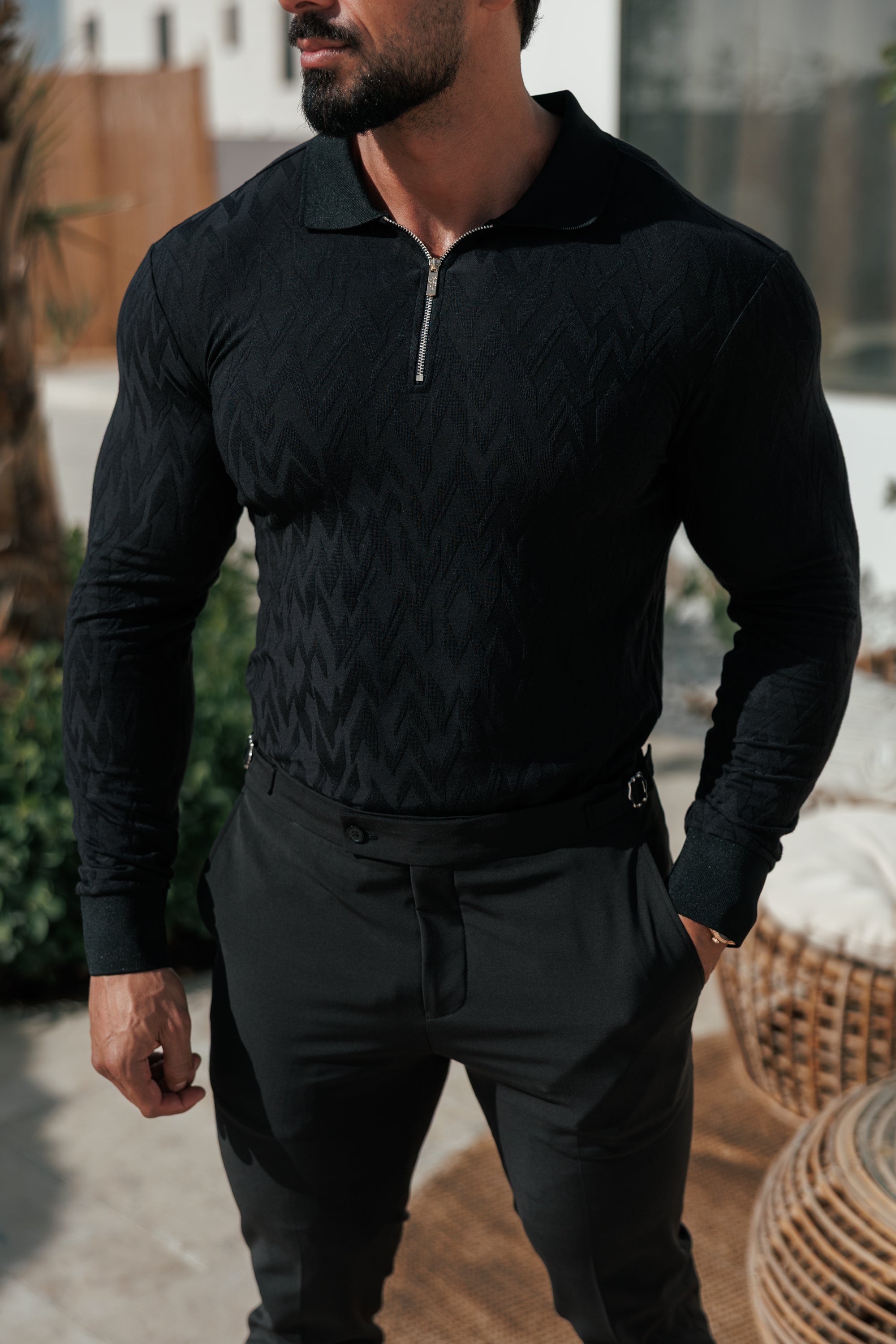 Classic Jacquard Black Chevron Zipped Polo Long Sleeve - FSR043