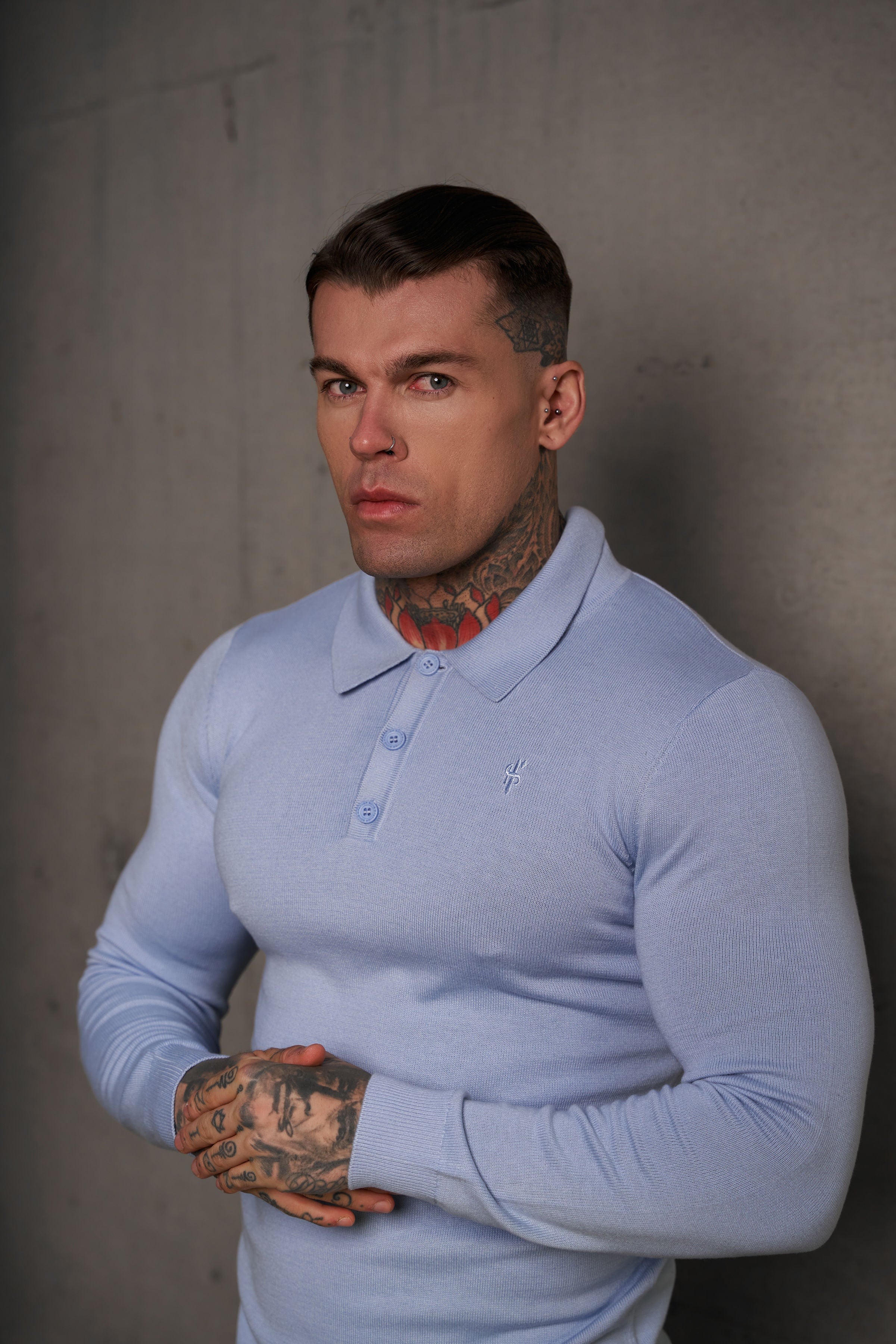 Classic Black Knitted Polo Jumper Long Sleeve With Tonal FS Embroidery - Cotton Acrylic