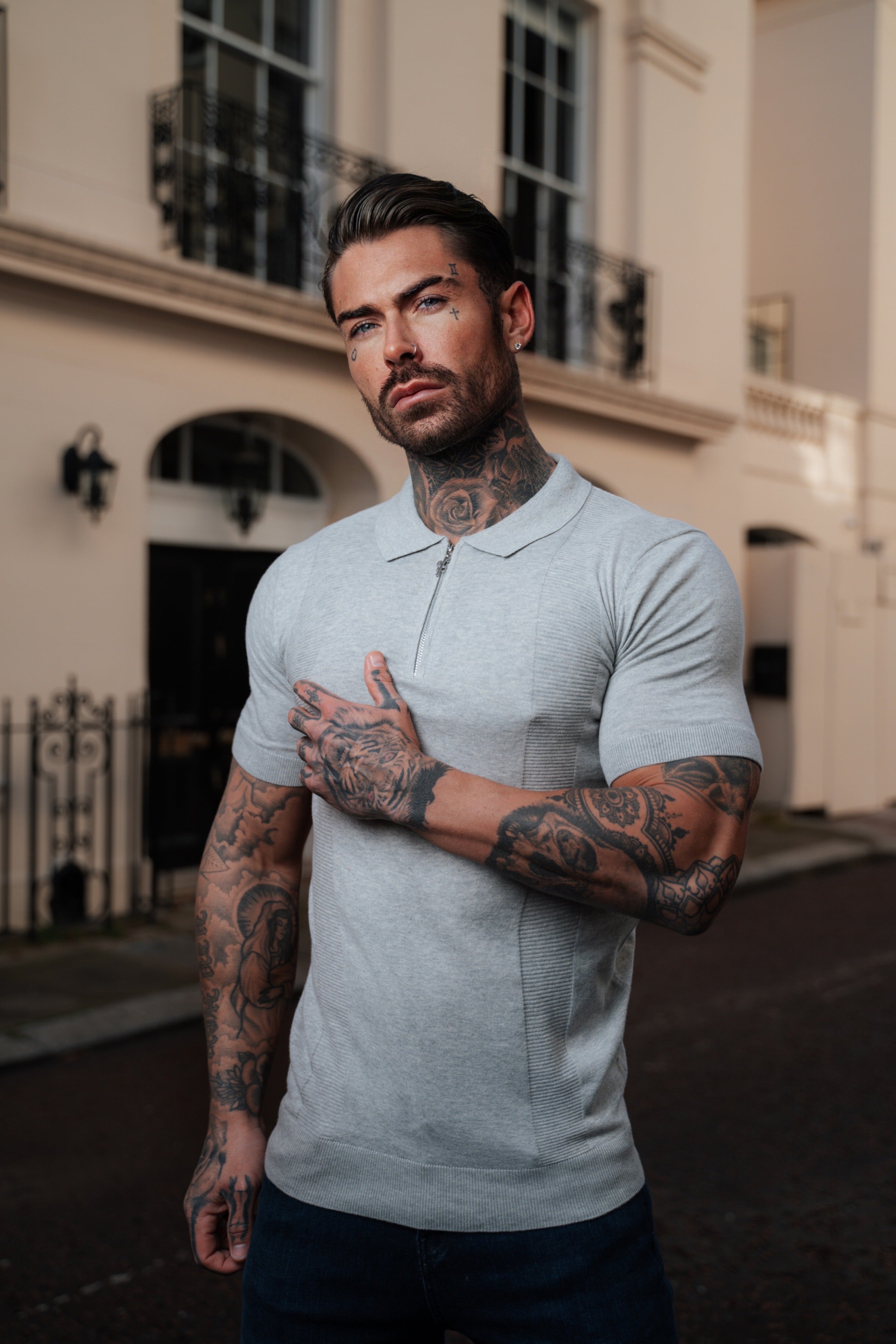 Classic Grey Marl and Silver Zip Knitted Polo Shirt Short Sleeve - FSN132