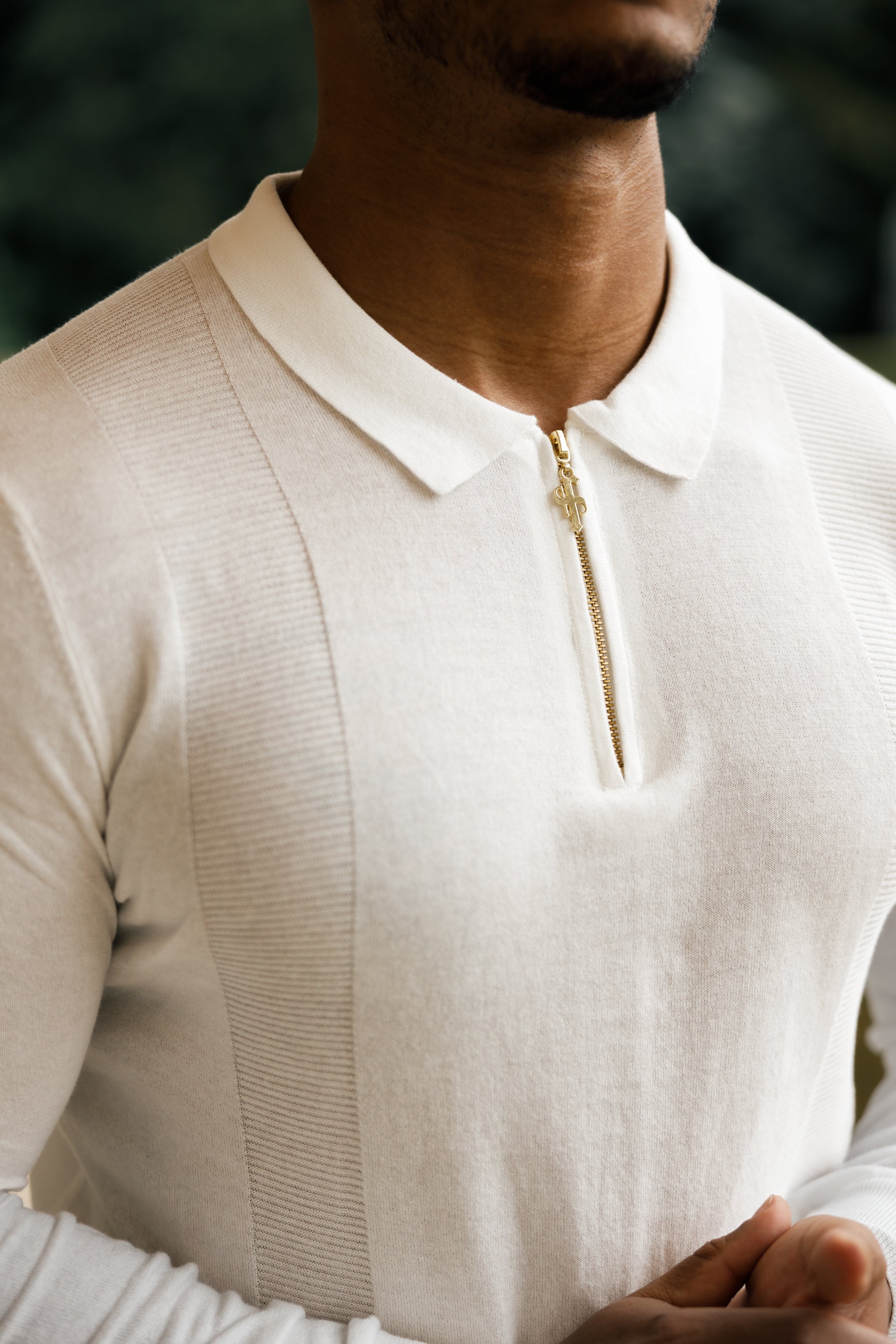 Classic White and Gold Zip Knitted Polo Shirt Long Sleeve - FSN125