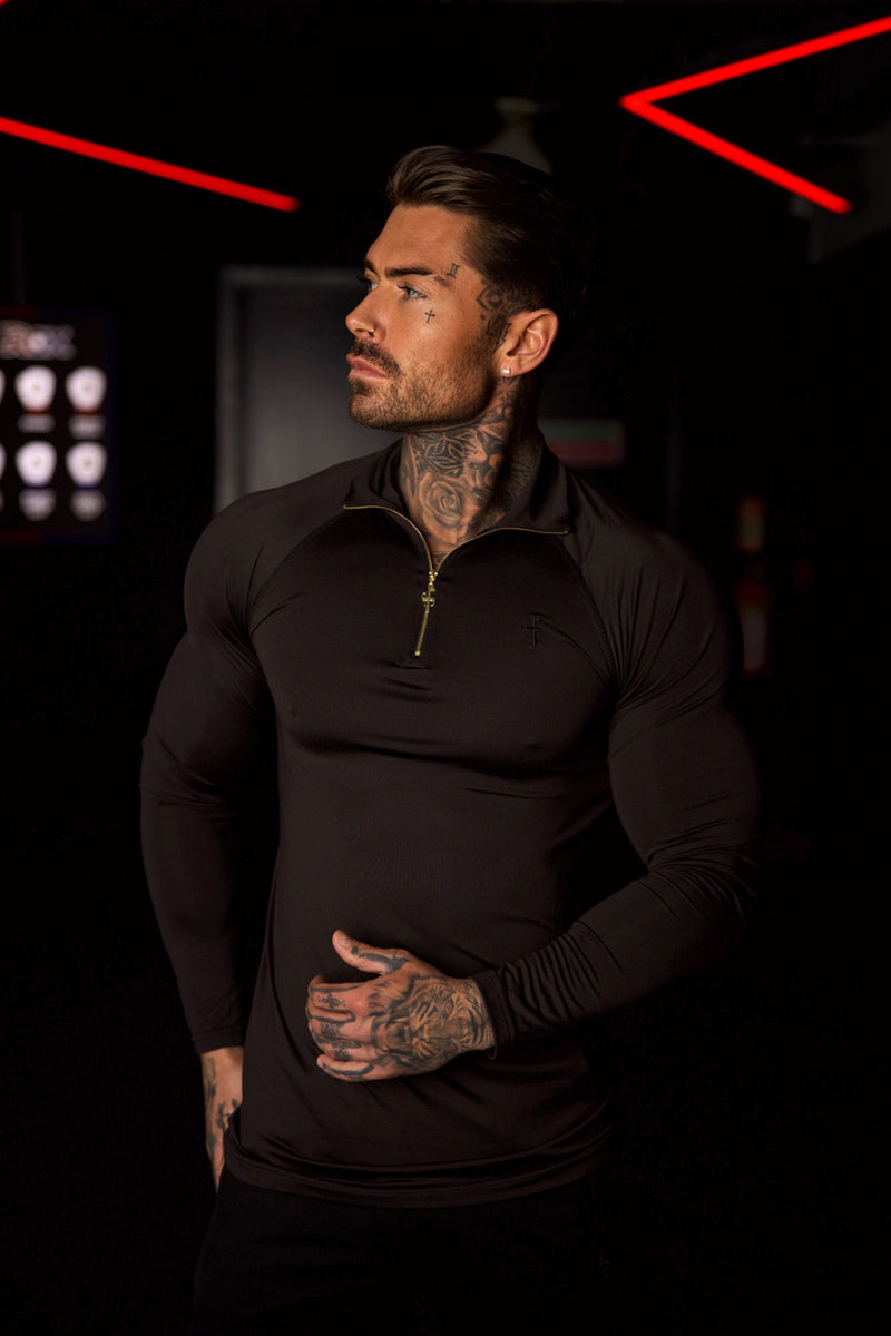 Father Sons Long Sleeve Solid Black / Gold Half Zip Gym Top - FSH887