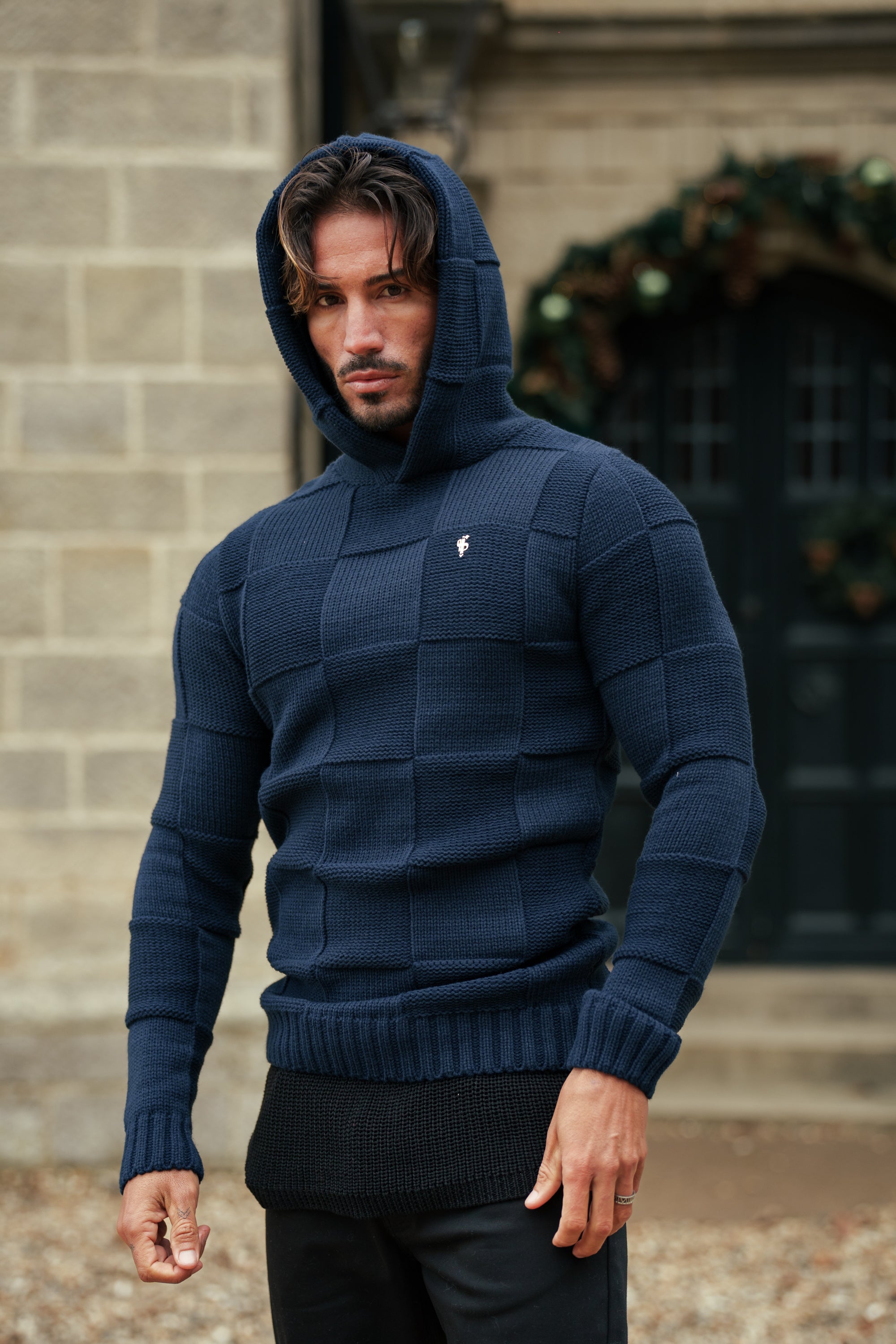 Navy Checkerboard Knitted Hoodie - FSJ138