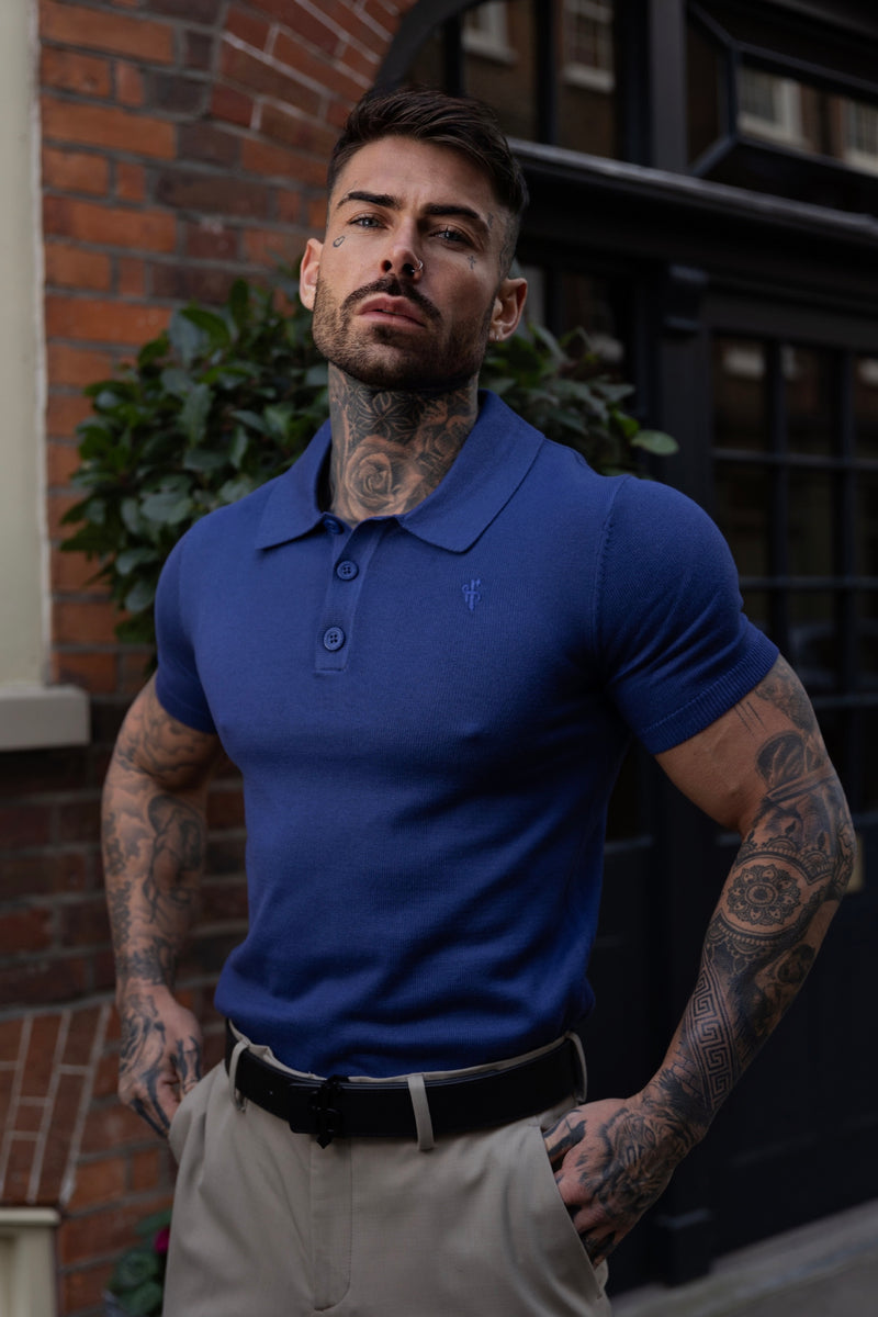 Father Sons Classic Ocean Blue Knitted Polo Jumper Short Sleeve With Tonal FS Embroidery- FSN144