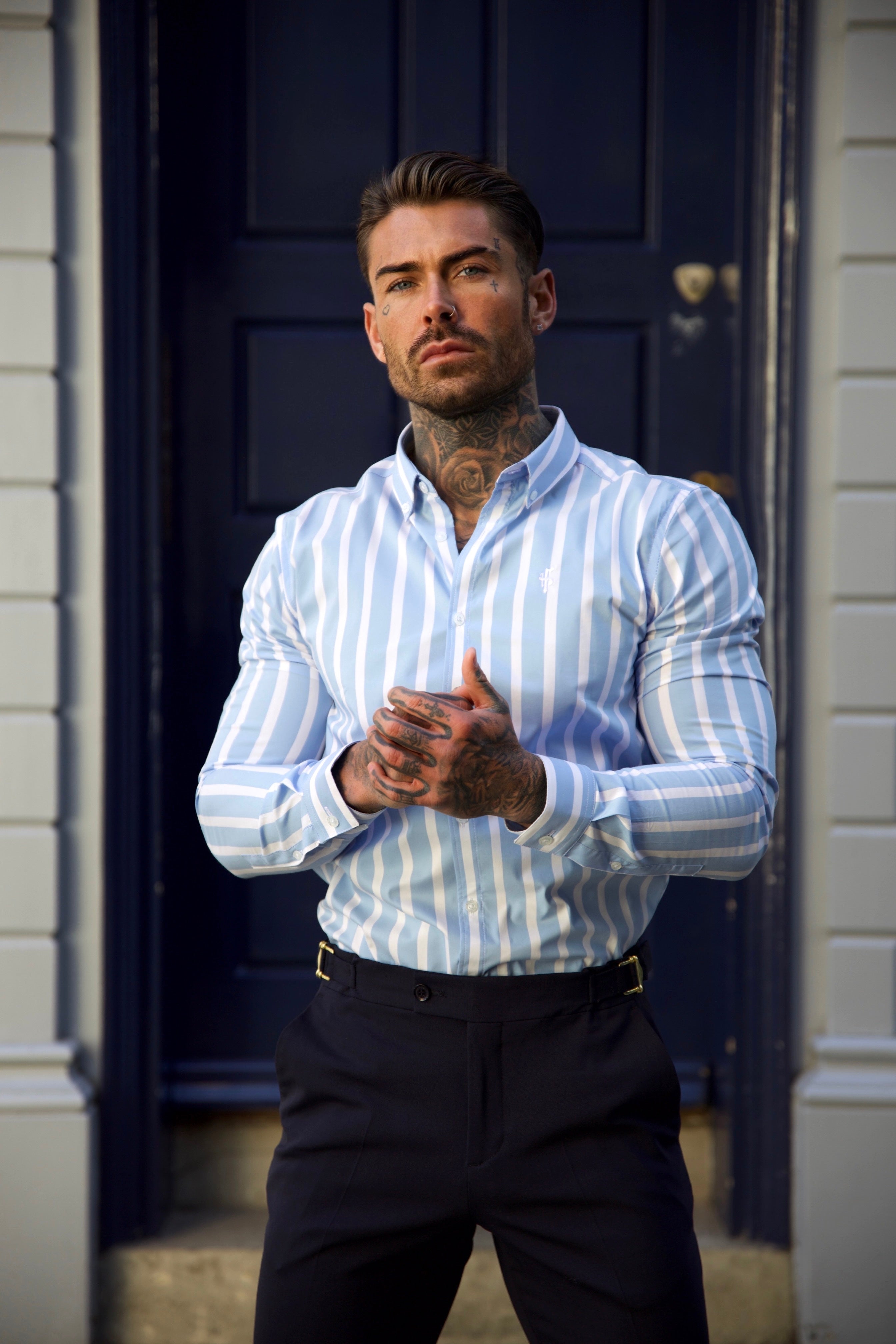 Classic Light Blue and White Deckchair Woven Stripe Long Sleeve - FS977