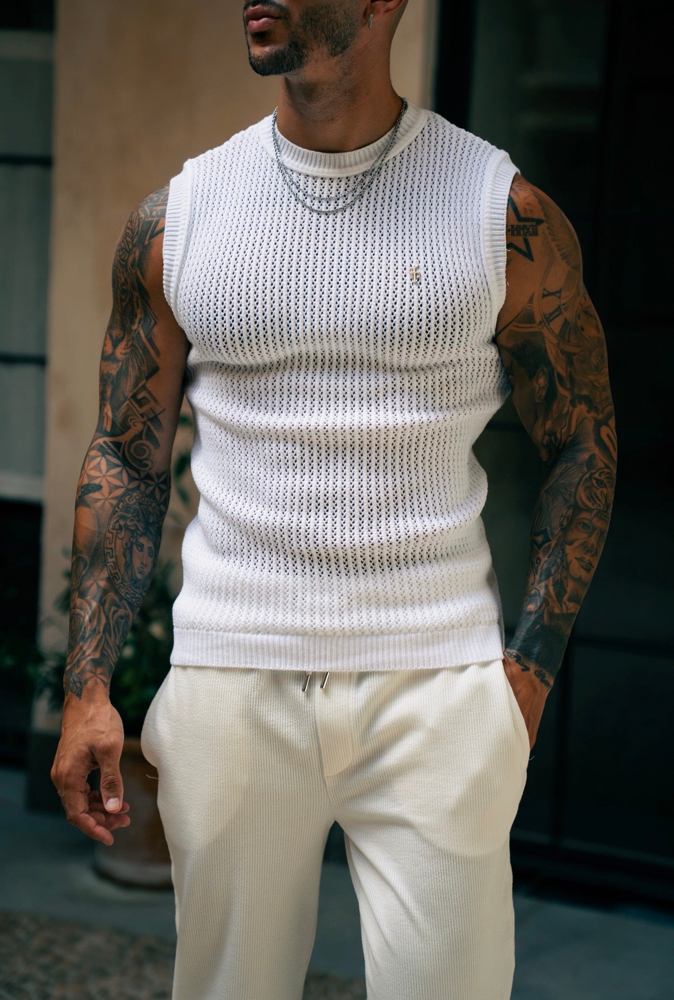 White / Silver Viscose Crochet Knitted Vest - FSJ165 (PRE ORDER 17TH JULY)