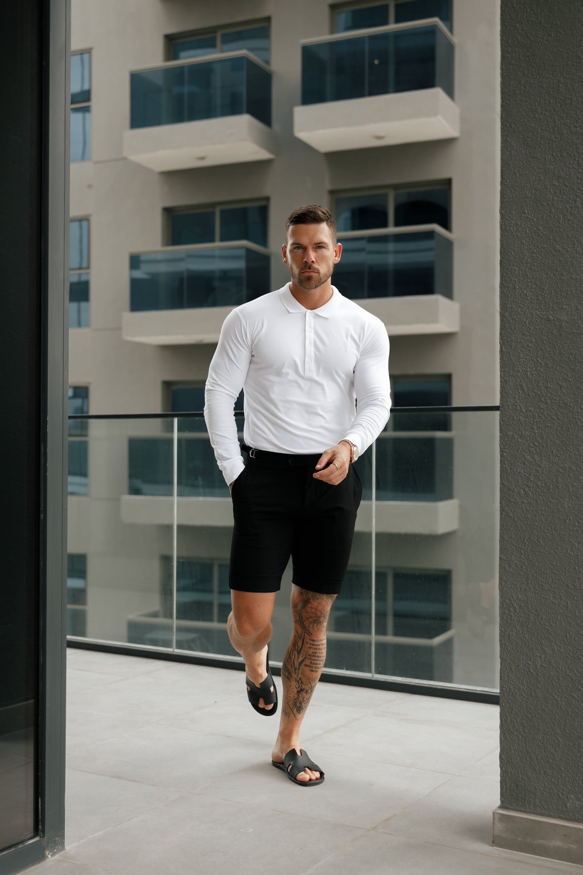 Classic White Tonal Polo Long Sleeve Shirt - FSH858