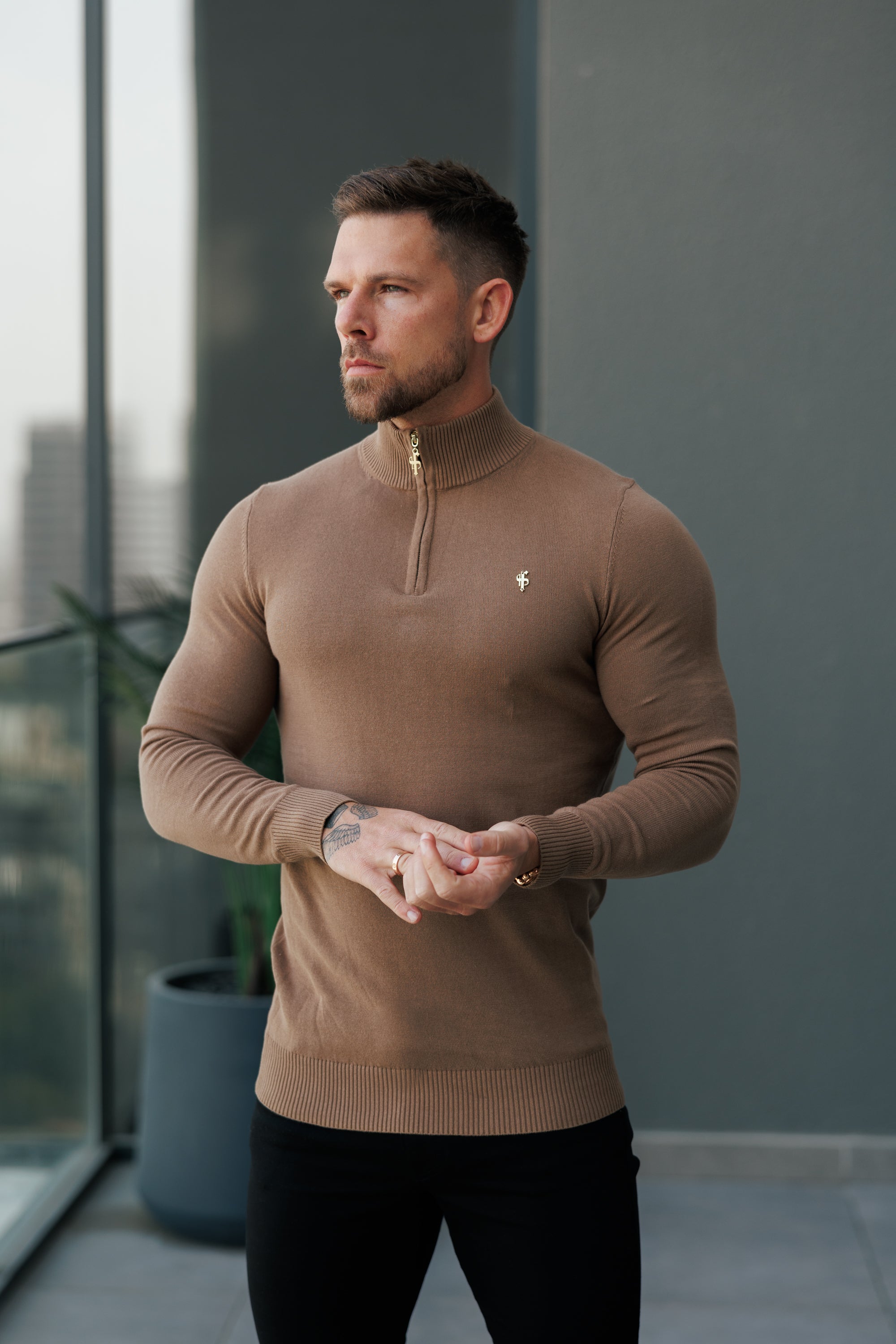 Camel Funnel Neck Knitted Jumper With FS Branding - FSN187