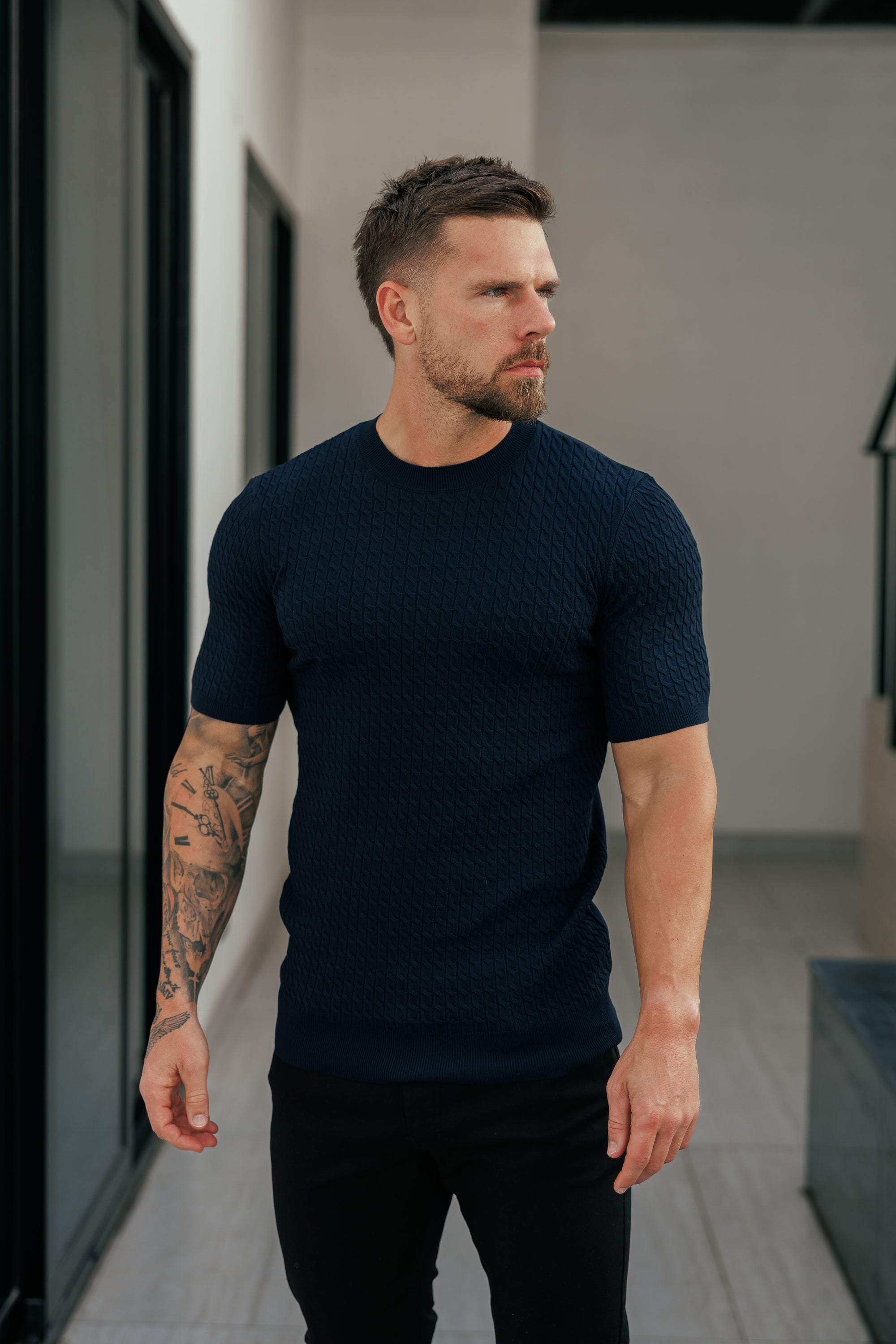 Front Chain Knit Crew Tshirt Navy Short Sleeve - FSR054