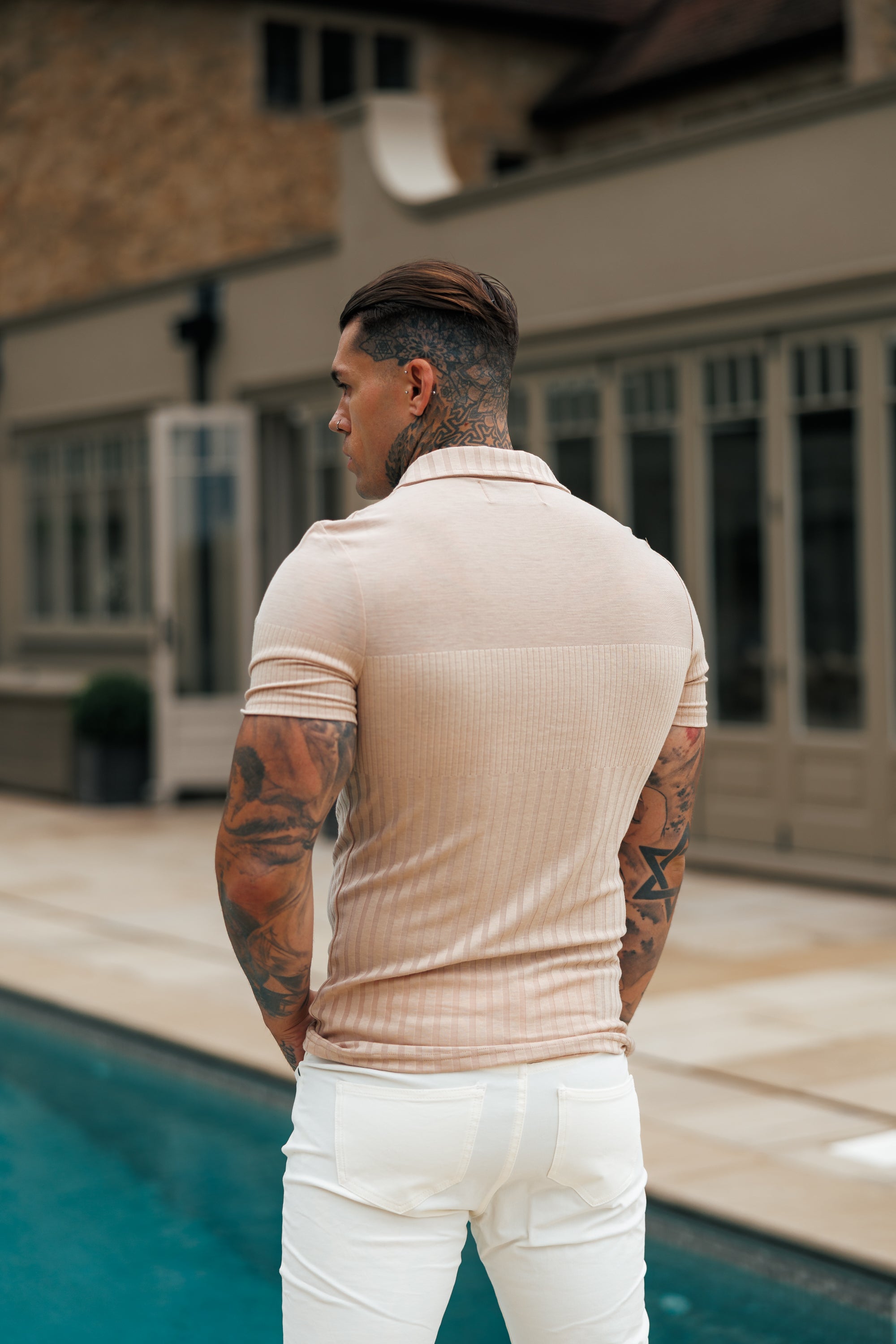 Jersey Revere Vertical Stripe Beige Shirt Short Sleeve - FSR026