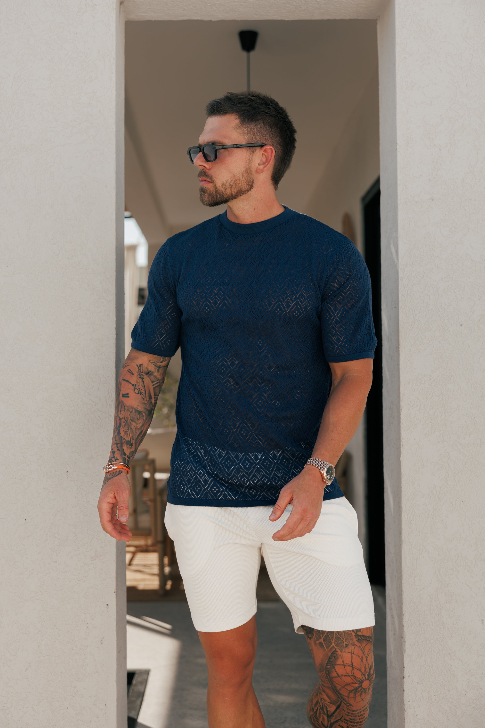 Crochet Crew T-Shirt Caribbean Blue Short Sleeve - FSJ092