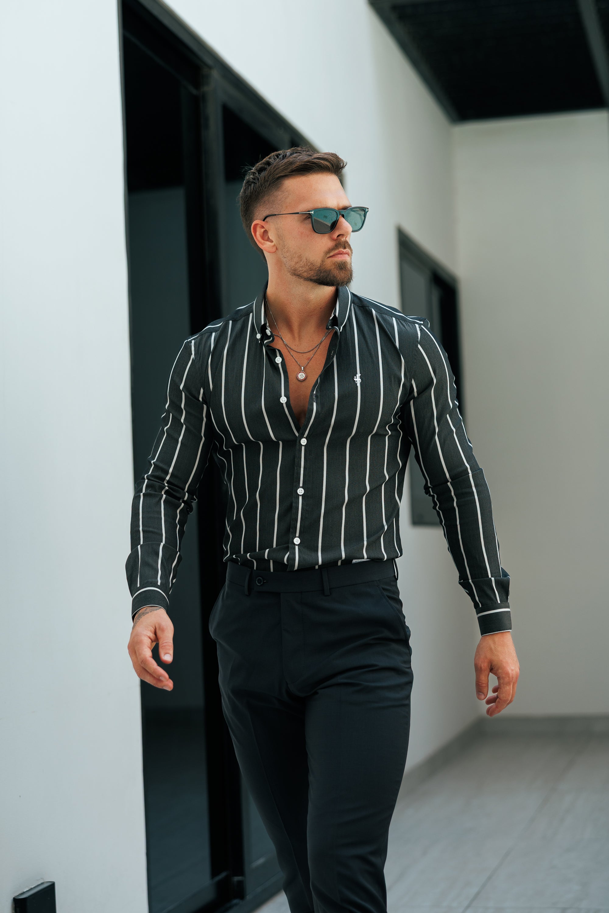 Super Slim Stretch Charcoal / White Printed Wide Stripe Long Sleeve with Button Down Collar - FS1224