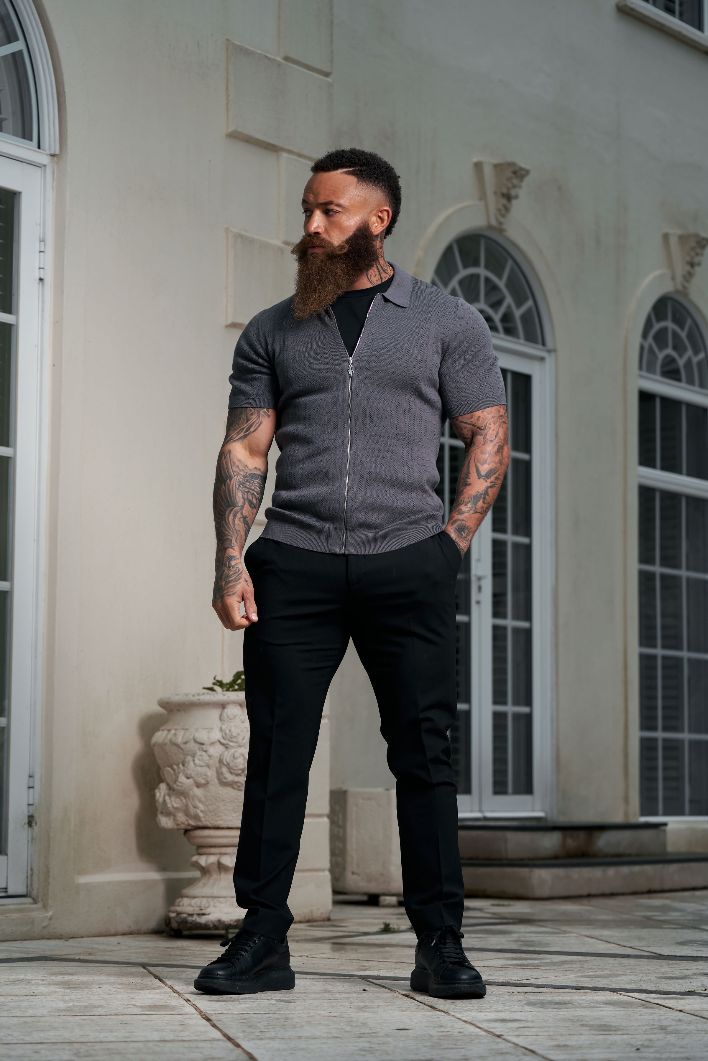 Classic Knitted Geo Design With Full Length Zip Gunmetal Short Sleeve - FSN150