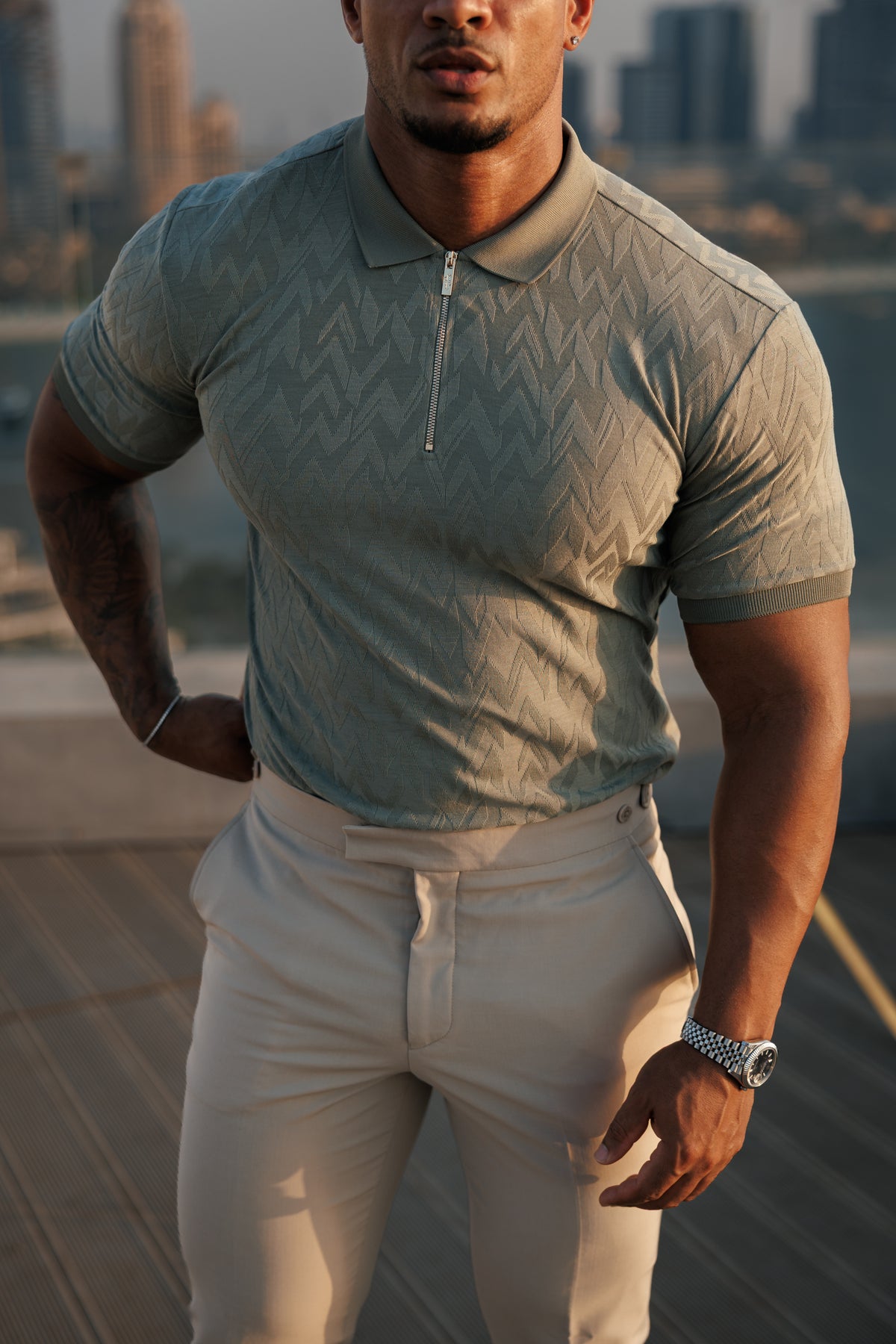 Classic Jacquard Olive Chevron Zipped Polo - FSR060