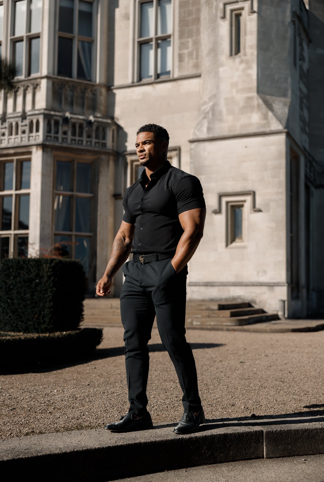 Super Slim Scuba Black Short Sleeve Stretch with Back Box Pleat and Side Seam Detail - FS999