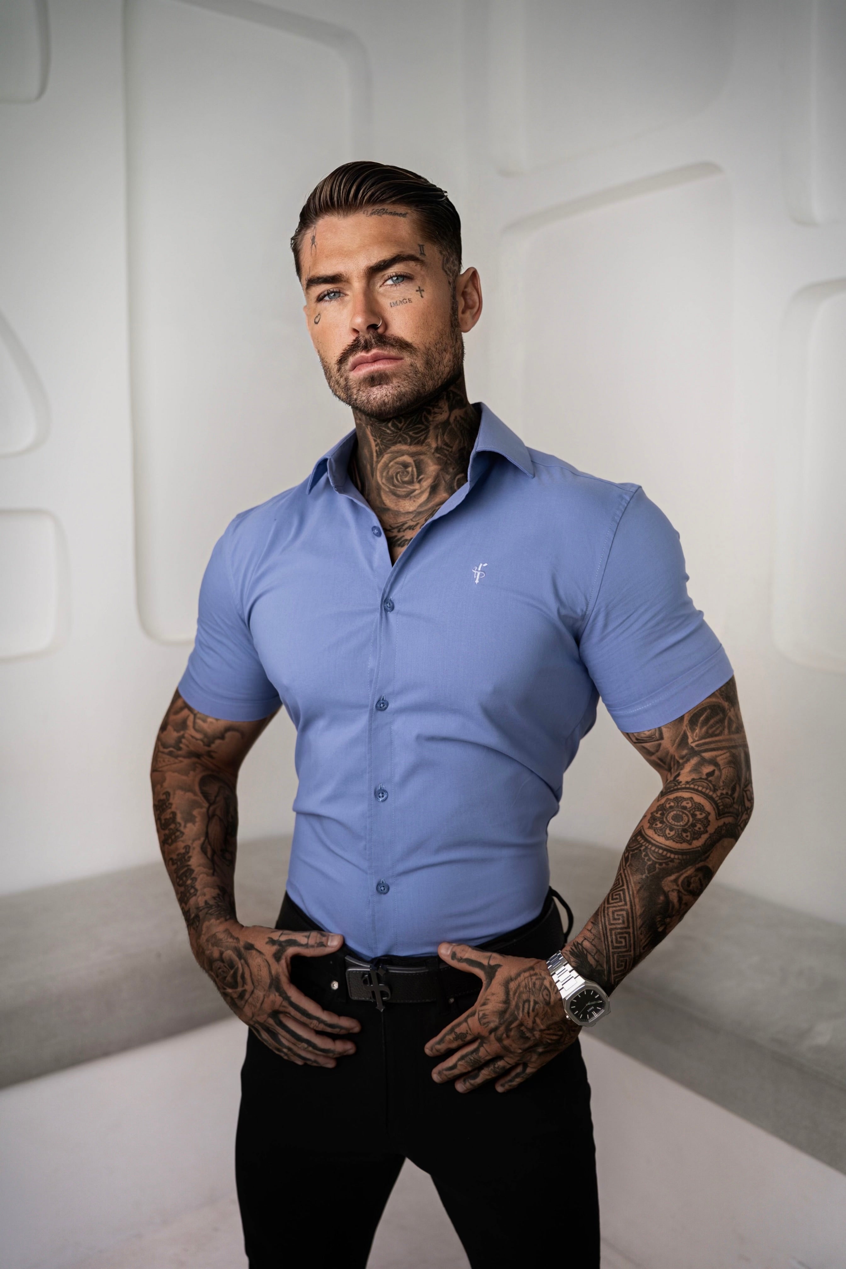 Muscle Fit Advanced Stretch Mid Blue Short Sleeve with Cutaway Collar - FS1203