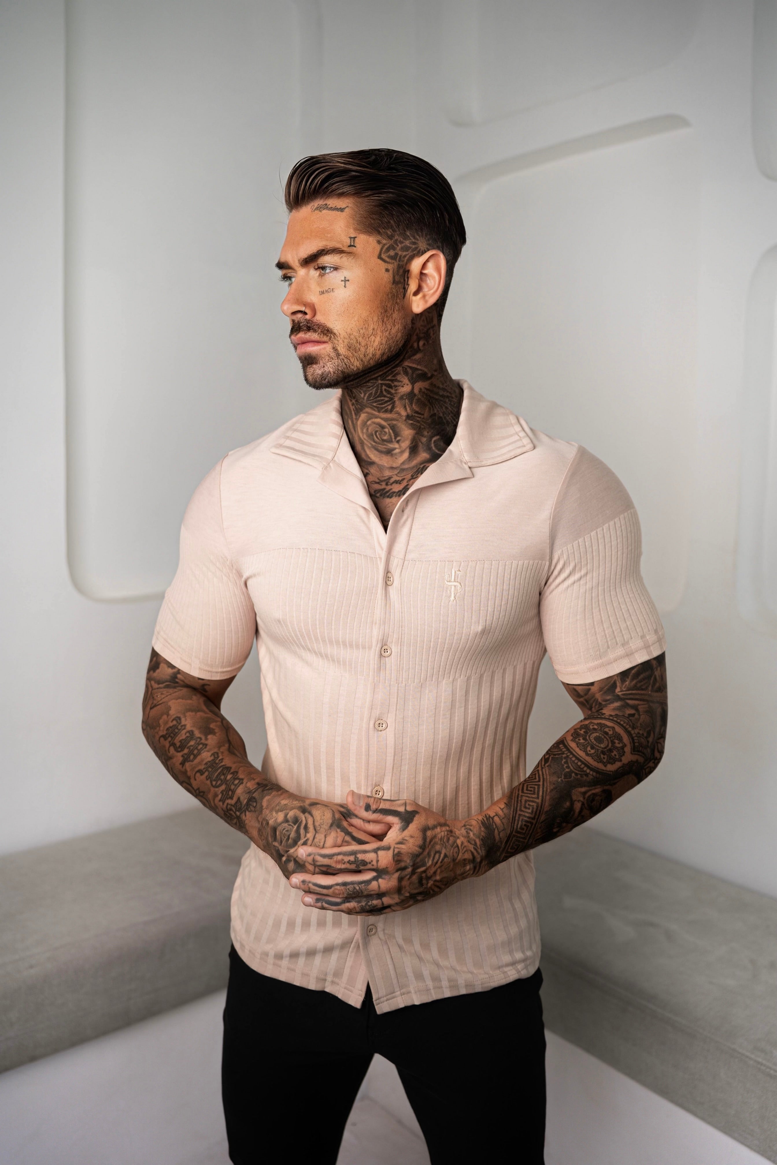 Jersey Revere Vertical Stripe Beige Shirt Short Sleeve - FSR026