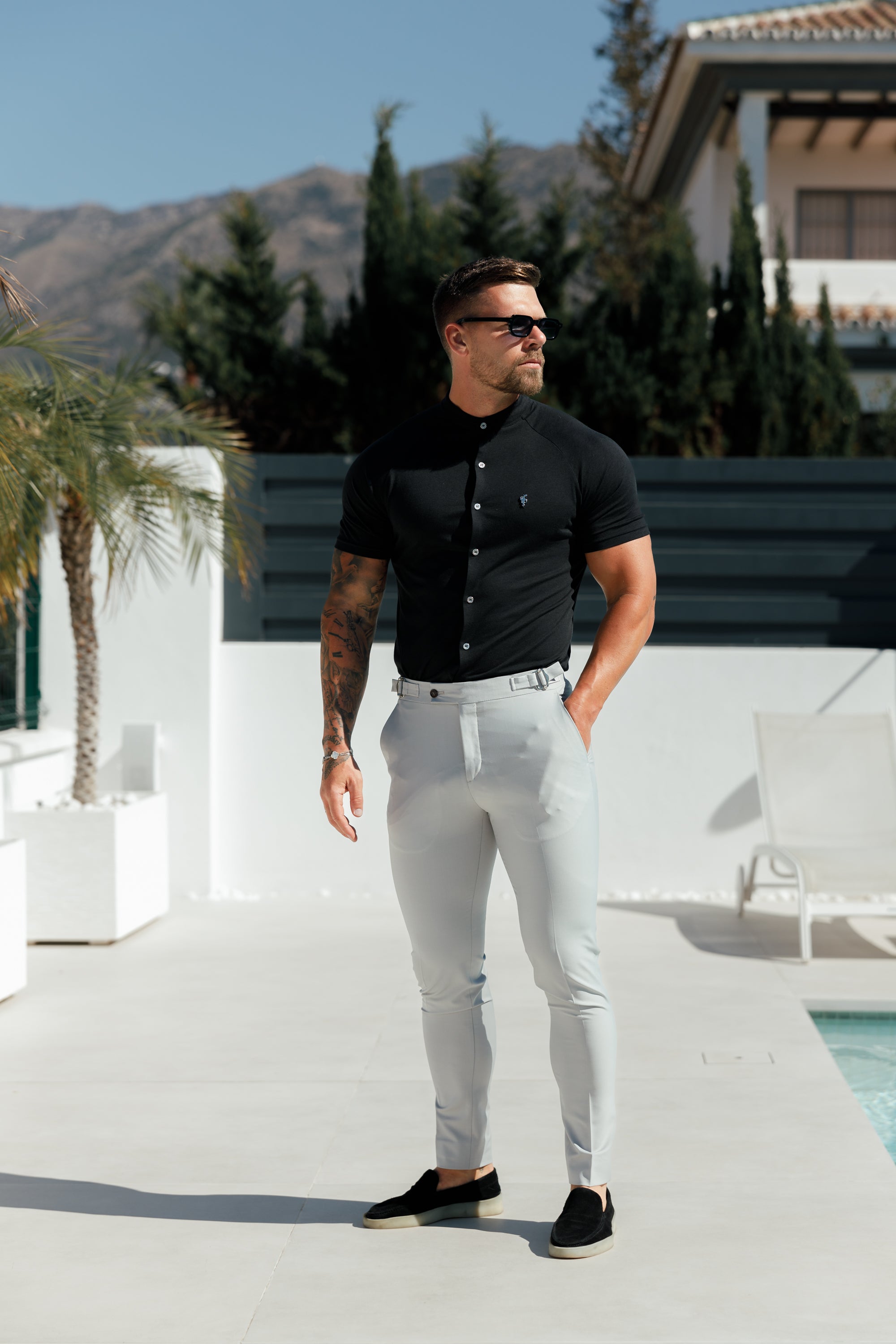 Slim Bamboo Raglan Grandad Collar Black Short Sleeve - FSH1165