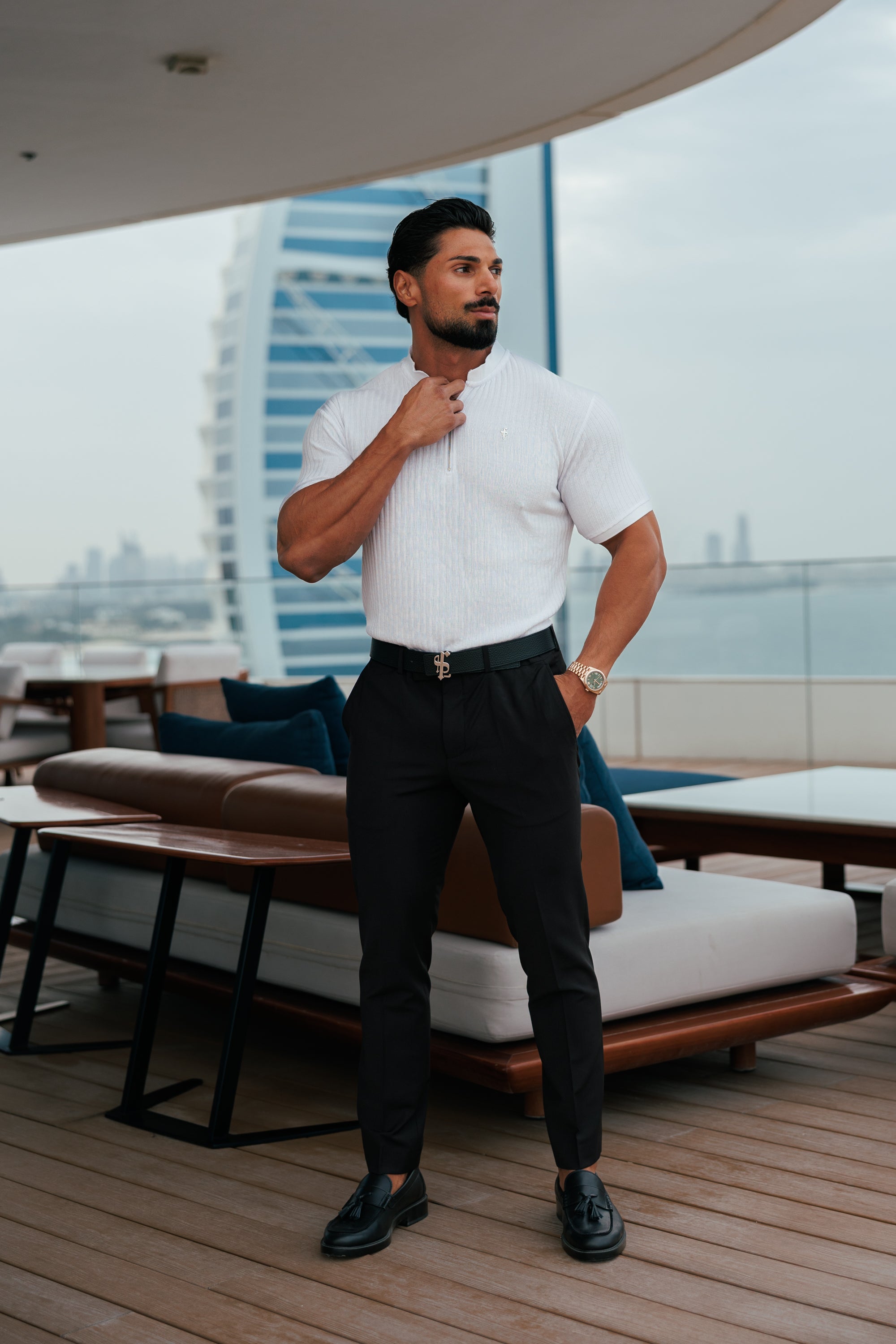 Classic White / Silver Ribbed Zip Grandad Collar Shirt Short Sleeve - FSH1447