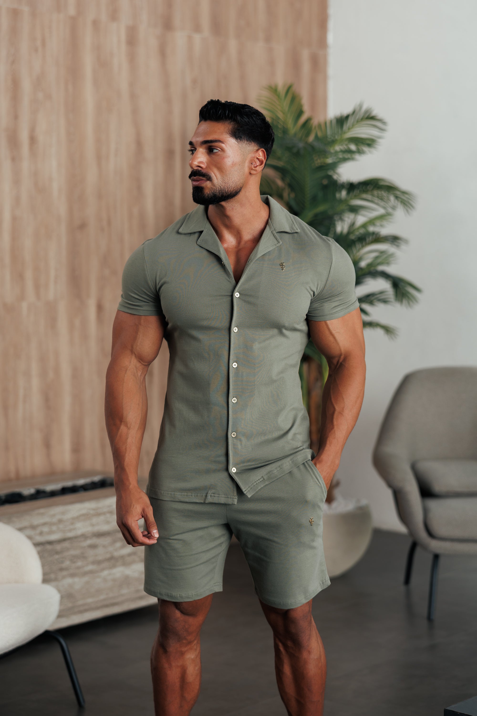 Stretch Olive / Gold Pique Revere Shirt Short Sleeve - FSH1387