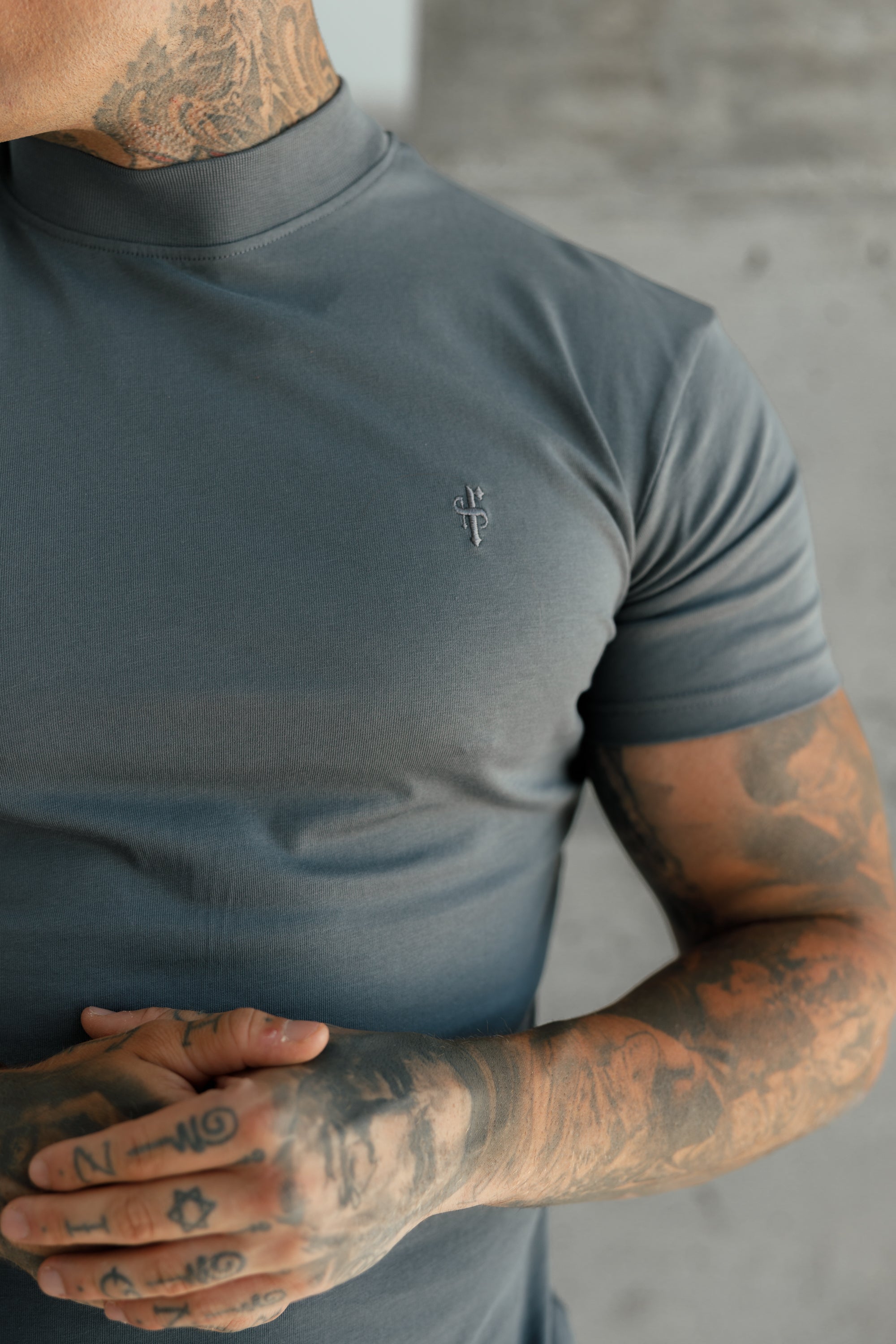 Ribbed High Neck Crew T-Shirt Short Sleeve Charcoal - FSH1115